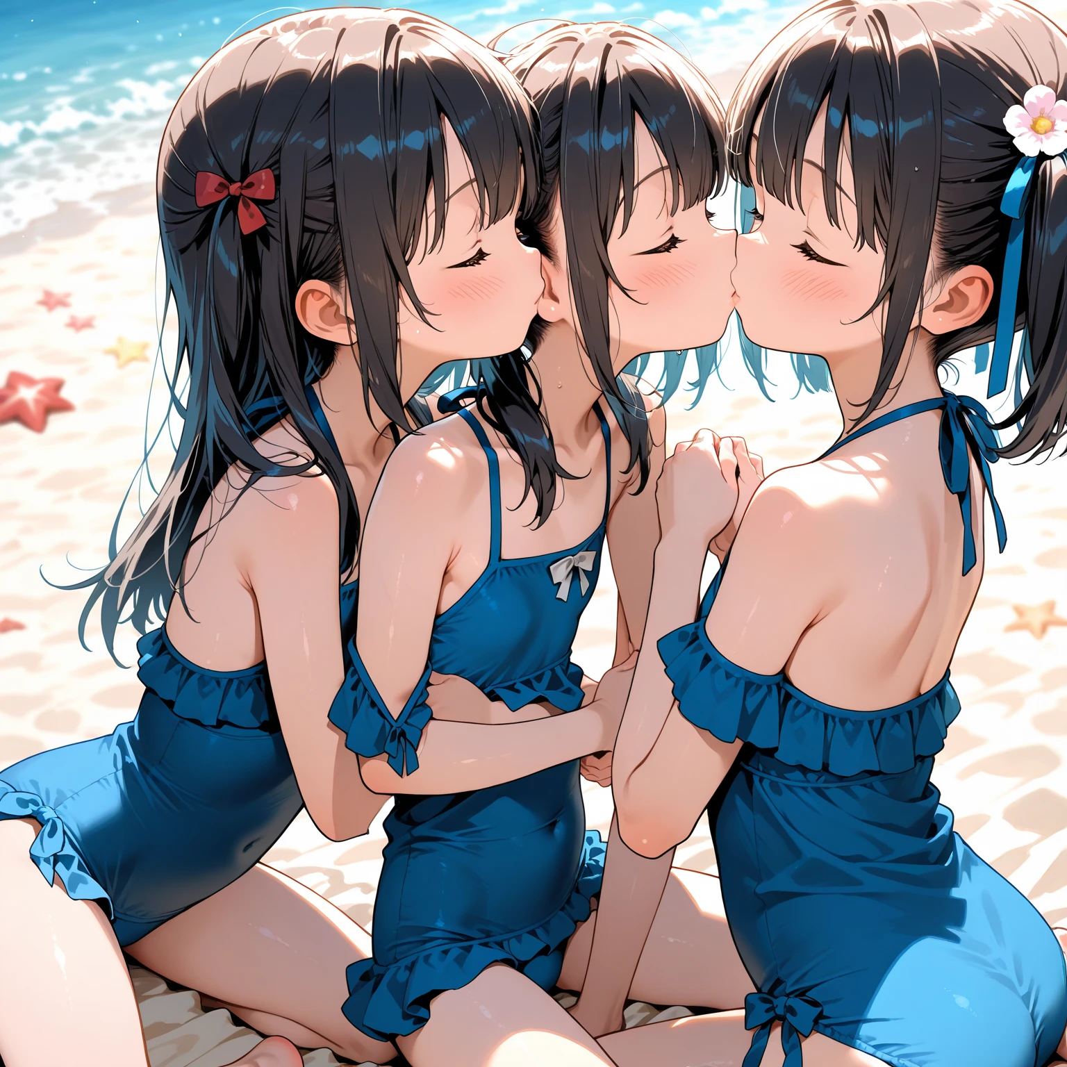 Super detailed, best quality, High resolution, Moe anime, ((((Three cute little girls with black hair are hugging each other while wearing large glasses with round, thin frames.)))), (baby face), ((Big eyes:1.5, drooping eyes:1.2)), dark blue eyes, cute eyes, detailed eye description, brilliance of eyes, view audience, pale skin, ((())), NSFW, focus on the face, ((bust shot)), ((Naked frilly bikini)), Navel exposed, bare shoulders, Skirt-lift, Shirt-lift, ((flat chest)), at the pool, From above, sitting