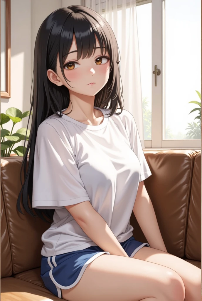 top-quality、超A high resolution、女の子 1 人、Cross your legs、Yellow T-shirt 、E Cup、Hair long、a miniskirt、sit on sofa、Sexy face smile、thicken thighs、Big butt、Chest sheer