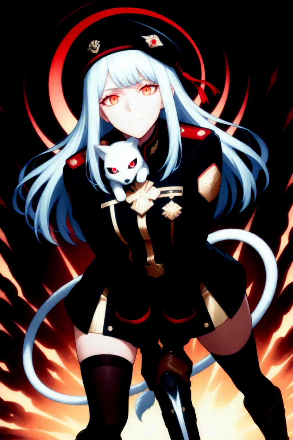 White long hair, red eyes, pale flawless skin, wears a red and black cape, military uniform with the digits 'K8-V0' on the chest area of the uniform, black combat boots, black gloves, and a black Valkryie like mask with a red visor. 6'4" in height,valkyrie, futuristic,add_detail:1, add_detail:0, add_detail:0.5,mask, masked face, full face mask, hidden face,Futuristic, glowing colours