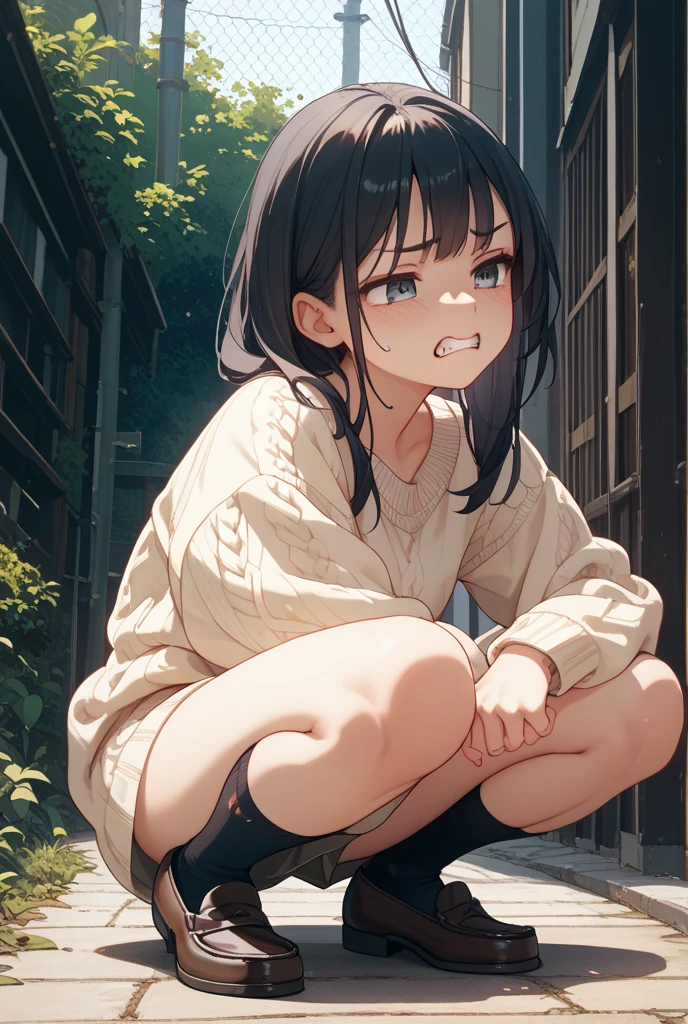 girl with、A dark-haired、dark circles、Blind、flat breast、tiny girl、White sweater、without socks、Approximately 、Lori、toddlers、Braids