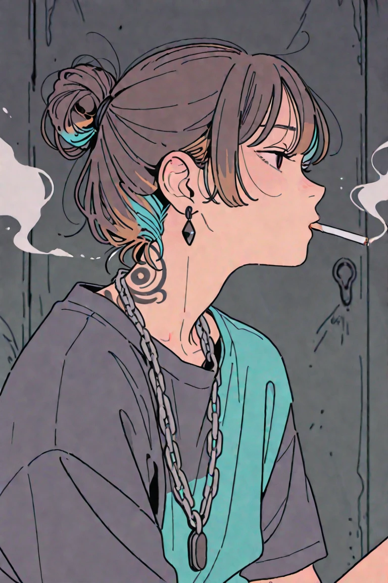 A woman smoking a cigarette alone while looking out the window in the middle of the night