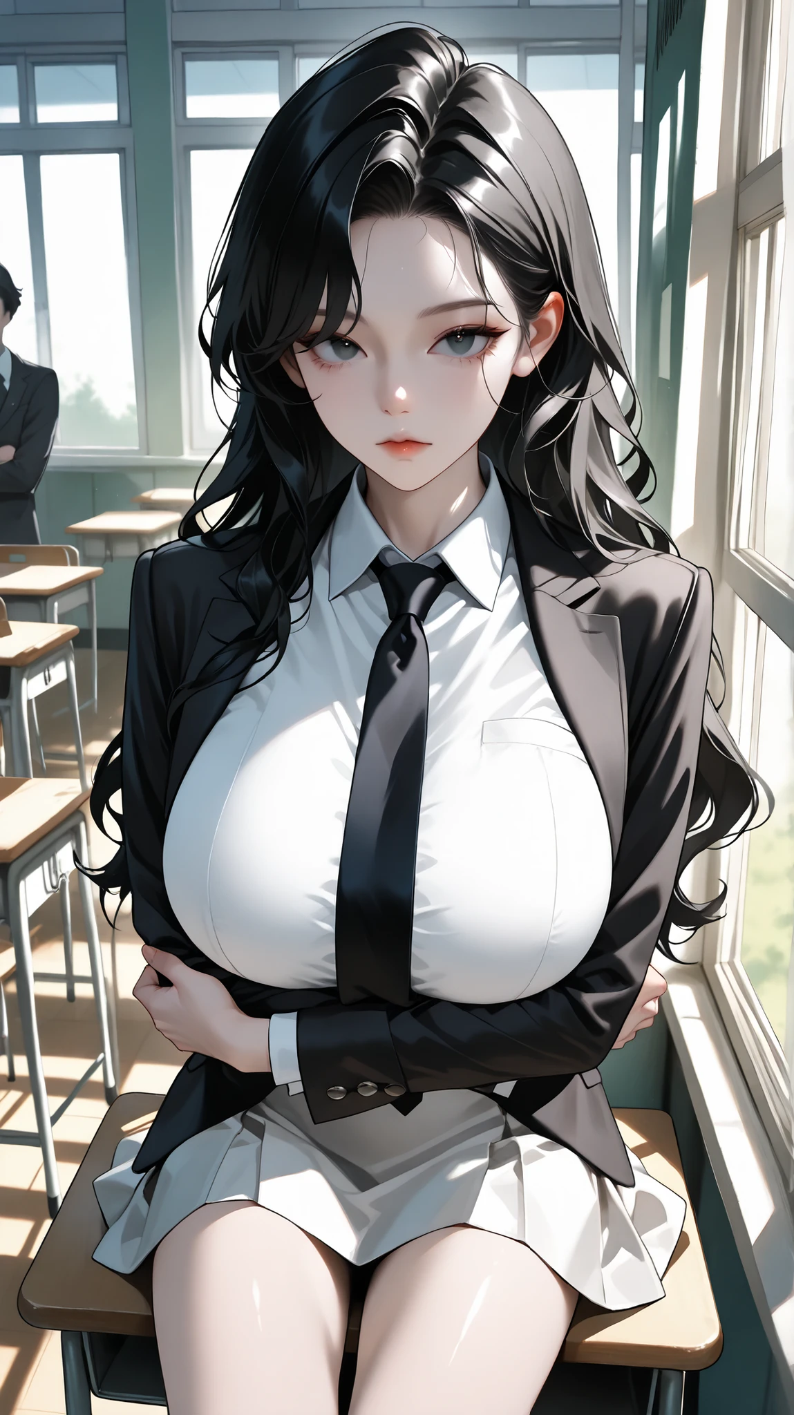 ((Best quality, Masterpiece :1.3)), Sharp focus , ((huge breasts :1.2)), (Blazer over very thin white button up shirt :1.1),sitting chair in office :1.2, Highly detailed face and skin texture, Detailed eyes, Double eyelid, golden eyes, gorgeous , long hair , jacket ,