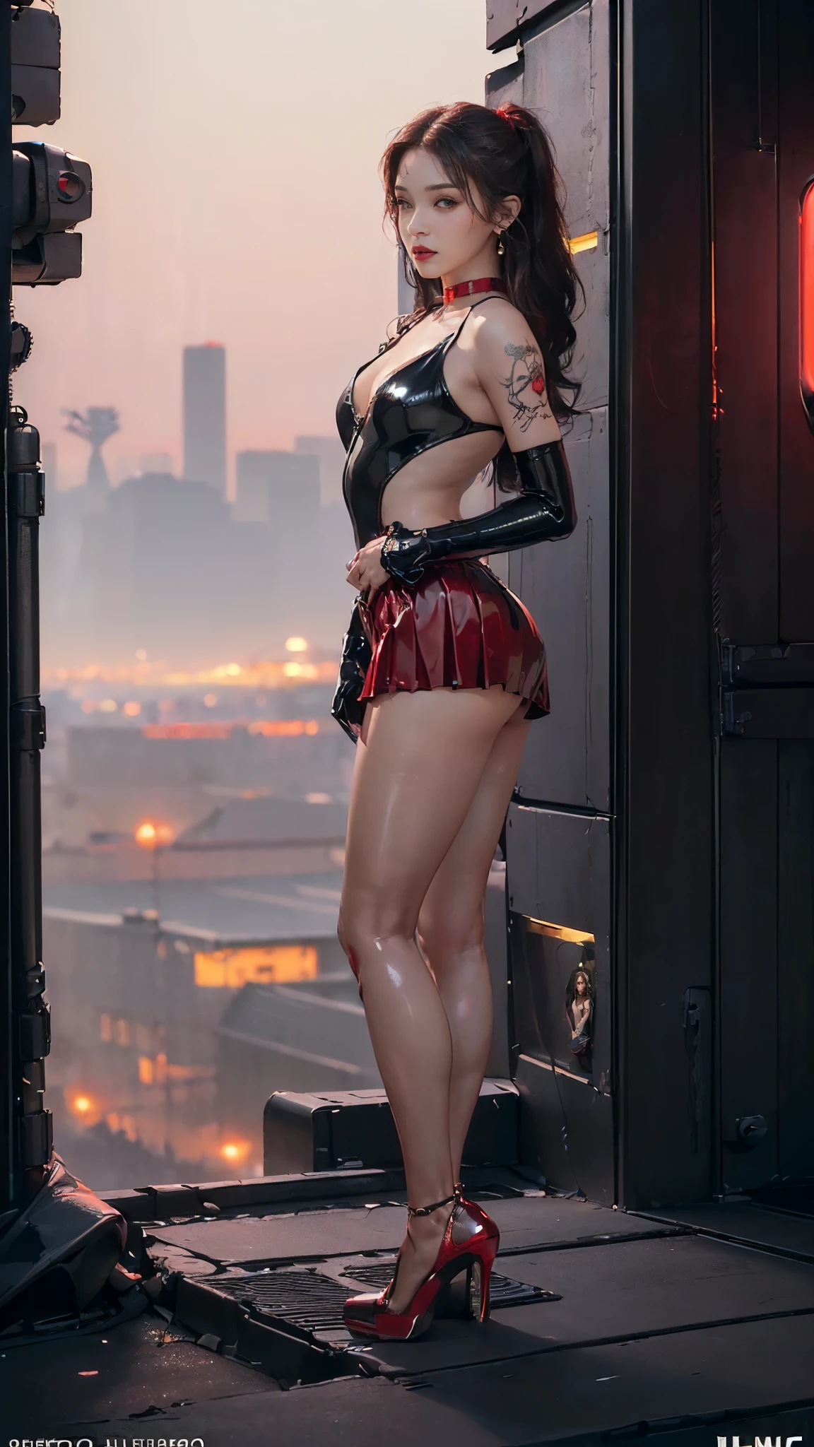 Indian Sexy Woman in Latex Wonder Woman Costume, Latex Red Tight Micro Bra, Latex Blue Tight Tiny Shorts, Huge Breasts, Huge Ass, Necklace, Bangles, Leather High Boots, Seductive Eyes, Oily and Shiny Body, Dominating for Sex, flaunting her Huge Ass, Dark Semi-ruined Cyberpunk City on the background