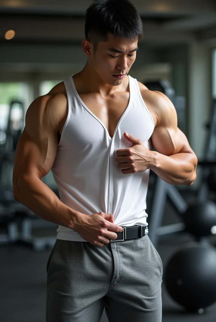 ((High quality)), ((masterpiece)), ((highly detailed)), perfect face, ((realistic)), ((man)), (( Asian)), black hair, comma hair style, cool eyes, ((handsome)), detailed eyes, beautiful detailed nose, realistic body, realistic light, comfortable exprssions, cute guy, sweat guy, cool guy, ((athletic body)), ((hot body))