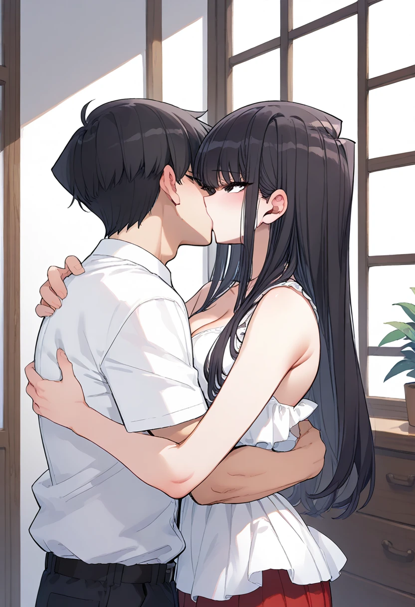 Long black haired girl、20age、clear、White luxurious lace long slip、In underwear、Being sexually assaulted、Being hugged by a man、Being kissed、Standing posture、Single image、fear、resistance、Shyness、Crying face、Standing posture、Men's Room