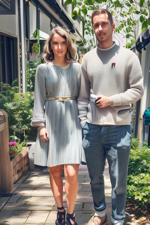 generate a few images of the same blonde blue eyes 19 years old from europe bavarian area with fit body and rolled cheeks wearing floral dress standing next to an older male father type in the mall 
