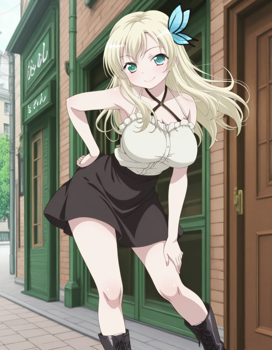 anime girl in a white dress squatting on the street, see through dress, blue fancy panties, blue fancy bra, long blond hair, smile, blushing, hairy vagina, pubic hair, pubic hair peek, hand in panties, wet