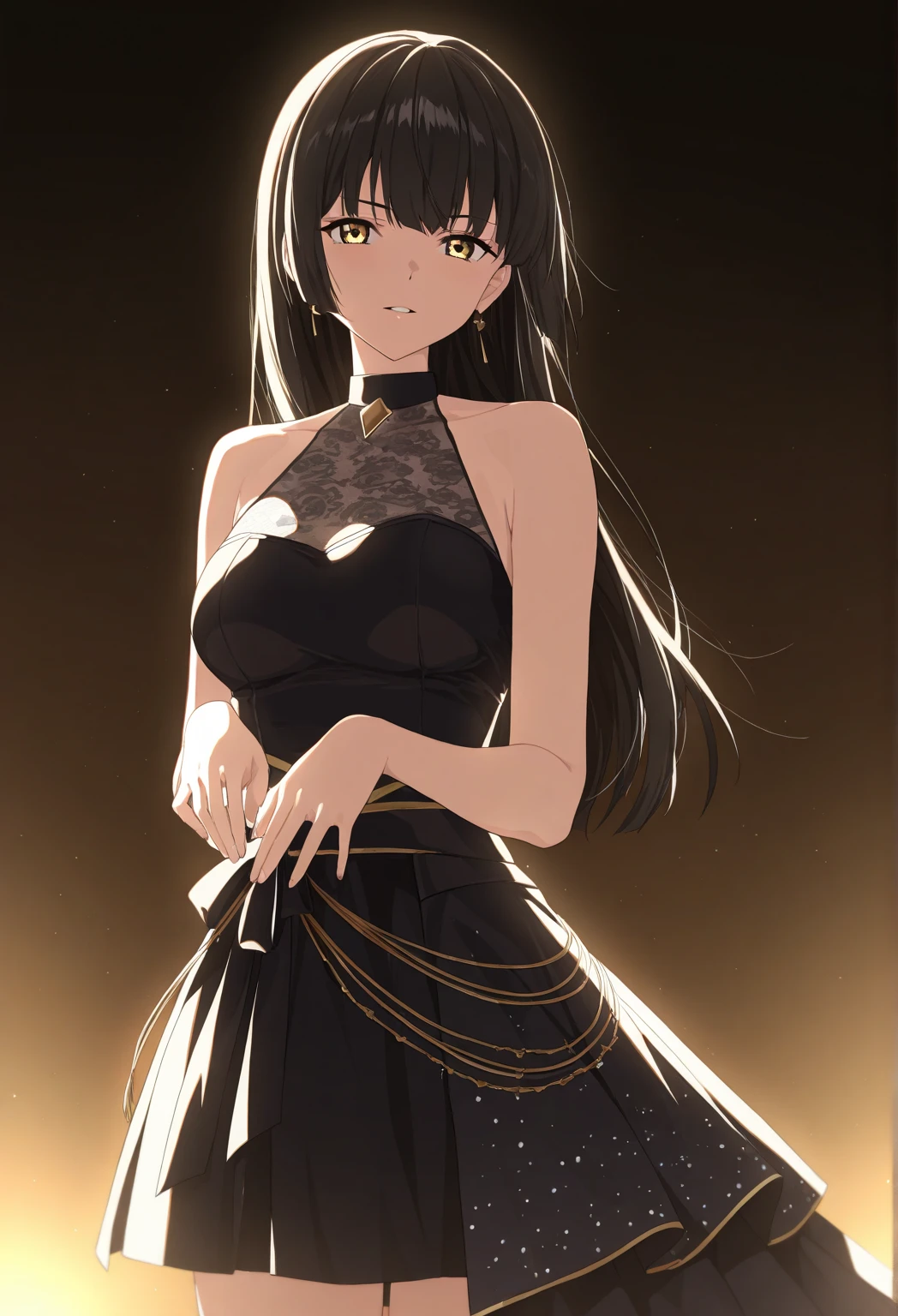 ((1girl)),((alone)),Yor Forger,(masterpiece), (best quality), (ultra detailed), (best illustration), (best shadow), (absurdities), sharp focus, cowboy photo , mature woman, looking at viewer, big breasts, narrow waist, wide hips, wide thighs, round butt, dynamic posture, golden headband, red eyes, black hair, short hair, hair with two long strands, gold earrings, jewelry, bare shoulders, collarbone, (golden headband, hair ornament, red eyes, short black hair, long locks, gold earring, choker, bare shoulders, black dress, tight dress, two-sided dress, black gloves, fingerless gloves , black boots, thigh high boots, seductive smile, closed mouth, (sexy pose: 1.2), alone, standing: 1.3, on top of an apartment, leaning on a railing, city view, city lights, looking back, from behind,((focus on ass:1.4)), point of view: (from below), red blush, perfect anatomy, perfect hands