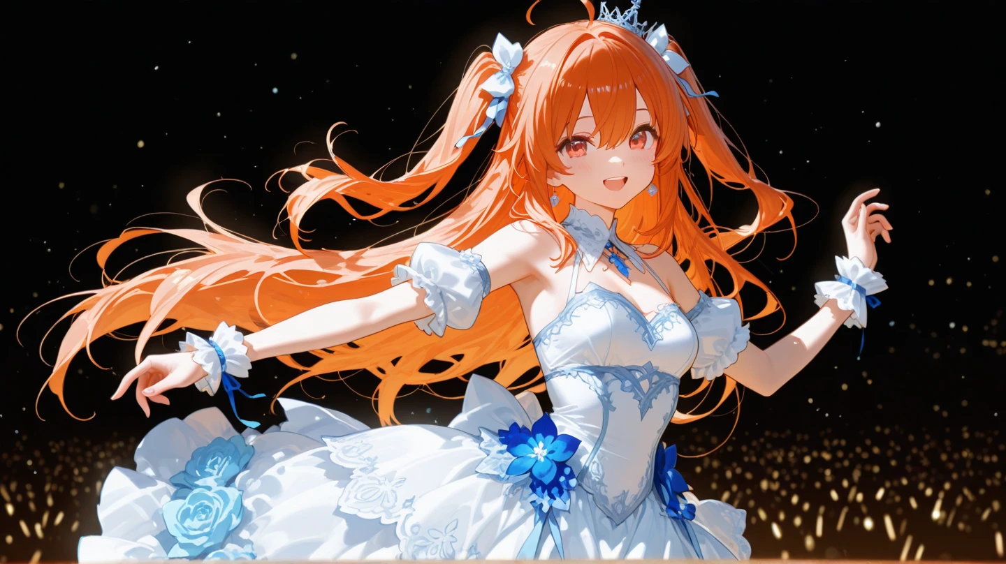 Center of chest, Wearing a sheer white dress, Hold the microphone, sing, Long Orange Hair, Close-up,Amazing blue eyes, sunny day, blue sky.8k