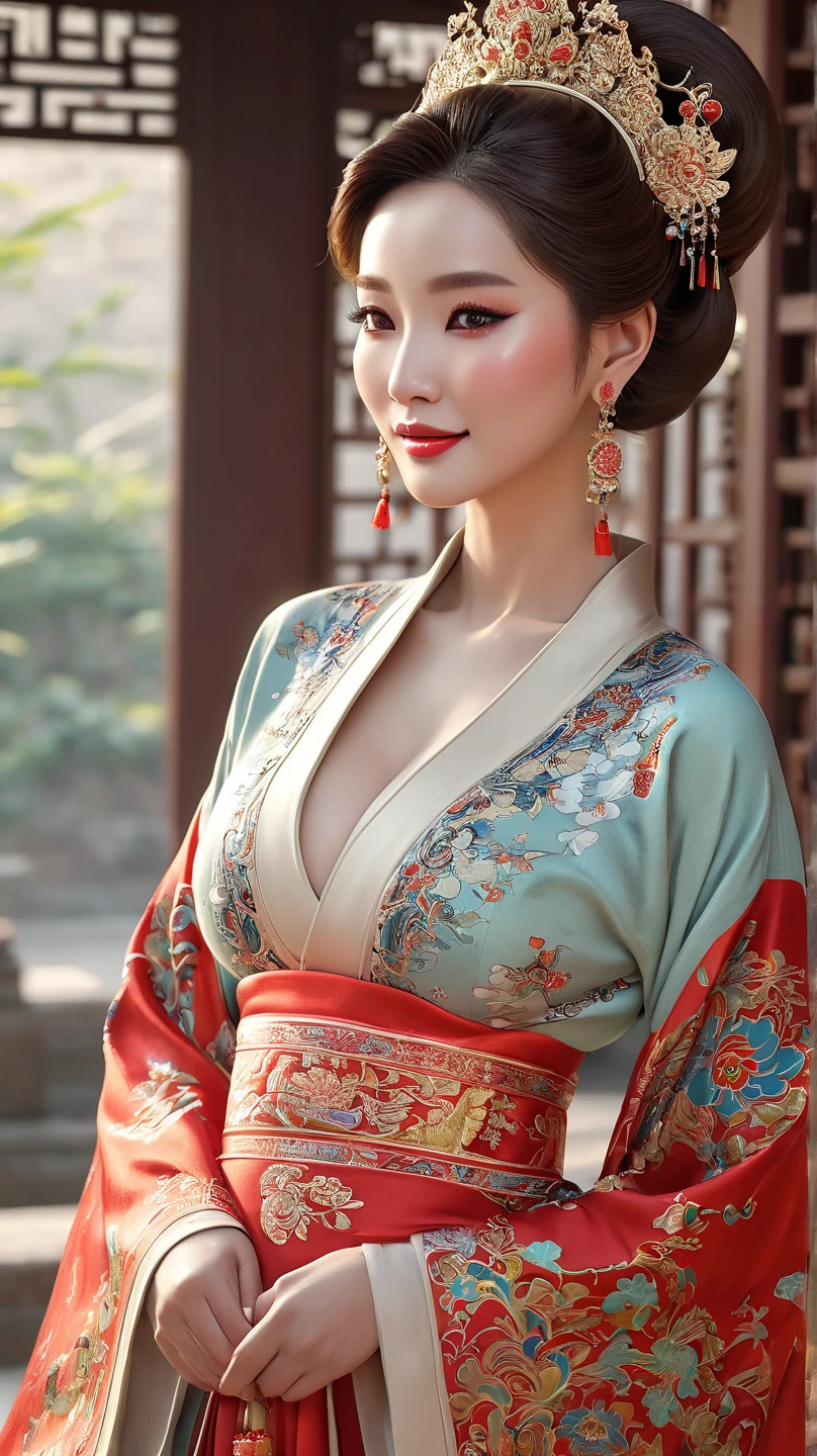 A traditional Chinese courtesan from ancient times. She's beautifully dressed in an exquisite hanfu, with numerous intricate hair ornaments adorning her elaborately styled dark hair. Her face is perfectly round, with delicate features and heavy makeup highlighting her eyes and lips. standing gracefully in a room adorned with classical Chinese art and furniture. (underboob cutout:1.5,partially_undressed:1.5)