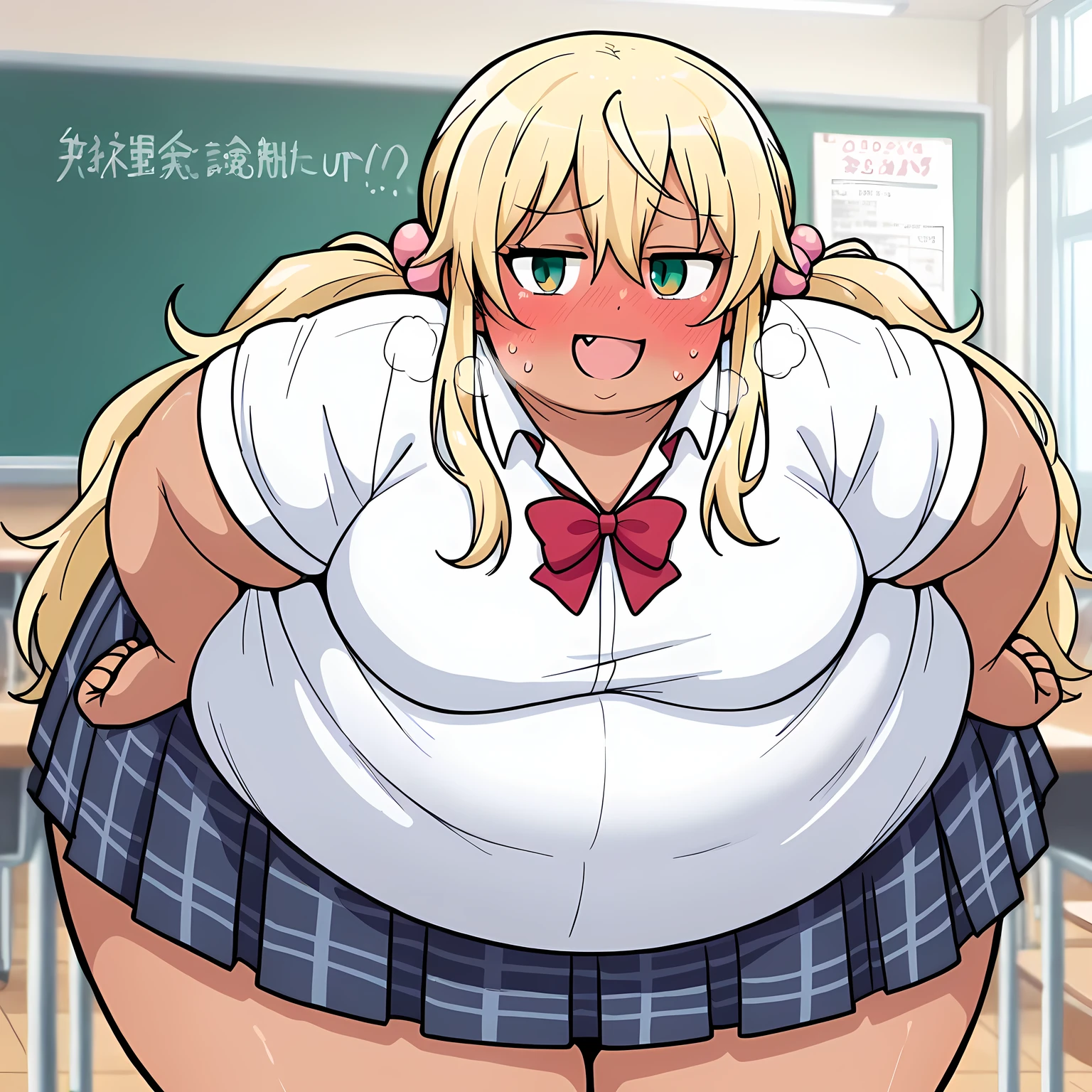 ((highres)), Masterpiece, high quality, best quality, beautiful, perfect lighting, detailed face, ultra cute face, ((1girl)), ((solo), long blonde hair, ponytail, blue eyes, glasses, (Blush), embarrassment, masochism, looking at viewer, arms behind back, standing in a classroom, (classroom), daytime, cheerleader uniform, tank top, pleated skirt, (tight clothes), thigh highs, wide hips, (thick thighs), (chubby), medium breasts, perky breasts, 24 year old female,