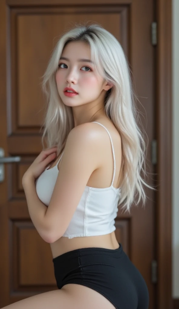 E-girls, High quality fingers, Normal hands, Detailed fingers,Masterpiece, (Realistic, photo-realistic:1.37), Medium breast, Small waist, Beautiful face, lighting perfect, Beautiful detailed eyes,view the viewer, stunningly beautiful woman, Detailed hairstyle, egirl in gamergirl room, ((black ruffle skirt)), choker necklace, Cat ears, ((laced crop top)), sitting on bed, Spread legs, White hair, Big ass