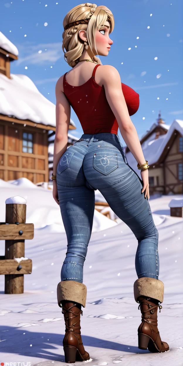 Beautiful sensual woman with a curvy body, long hair, bangs, french braid, widest waist, fitting breasts, curvy accentuated booty, sparkling eyes, long eyelashes, thick thighs, Strong calves, shy Look, taniaayusiregar, She wears a dark blue hoodie, jeans, belt, red sneakers, leaning against the railing of a porch of a small Mountain hut, evening in Winter, snow in background, photorealistic, Masterpiece, bokeh, Volumetric lighting, winter season atmosphere, full body shot from the side