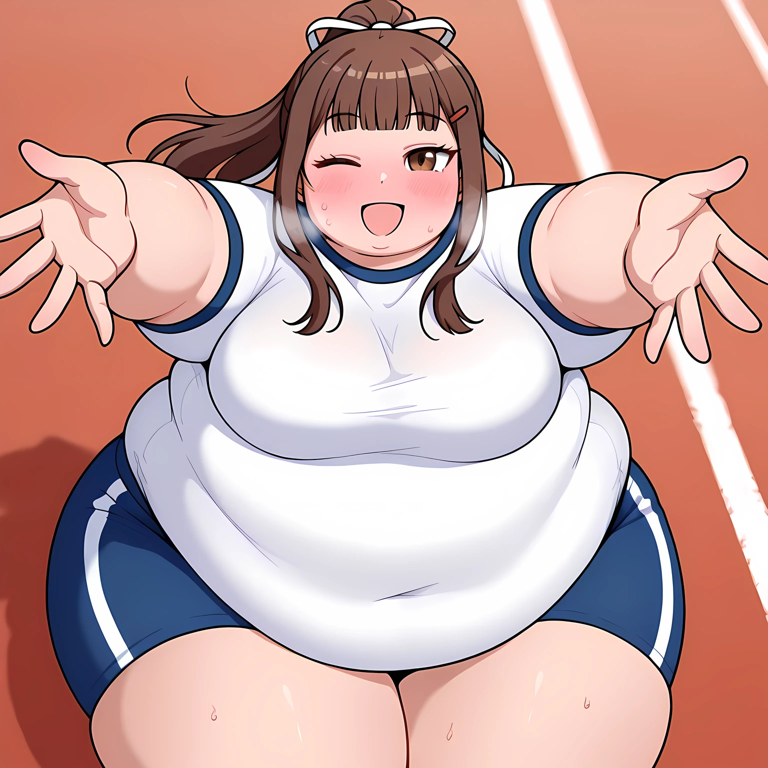 anime screencap, masterpiece, best quality,
1girl, , smile, blush,
high ponytail, blunt bangs, long hair, brown hair, brown eyes, hair ribbon, white ribbon,
gym shirt, white shirt, short sleeves, gym shorts, blue shorts,
incoming hug, looking at viewer, cowboy shot, blush, wink, from above,
track and field, photo background, blurry background fat, chubby, obese, gigantic arms and legs, large breasts open mouth, out of breath