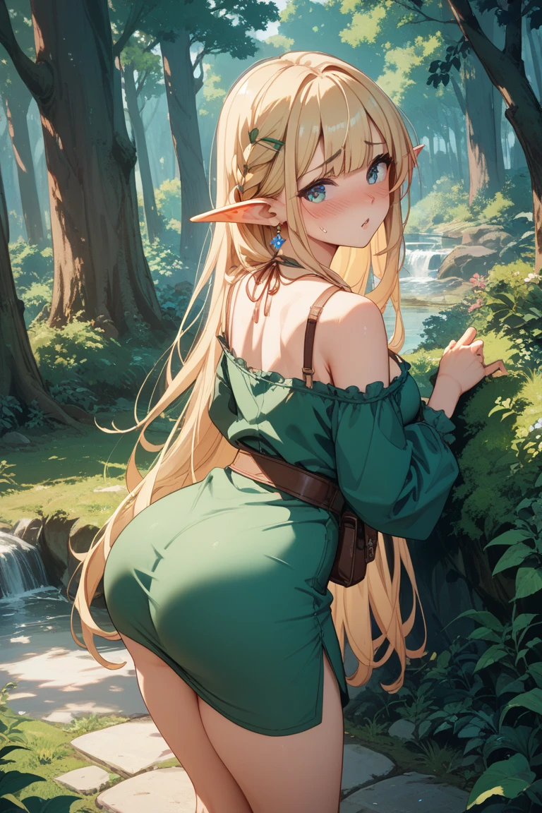 (best quality, masterpiece 1.2), (detailed eye: 1.2), (view from far down from behind), intricate details, depth of field, 1 girl, squatting, princess zelda, long hair, forest, looking at the viewer, showing thong