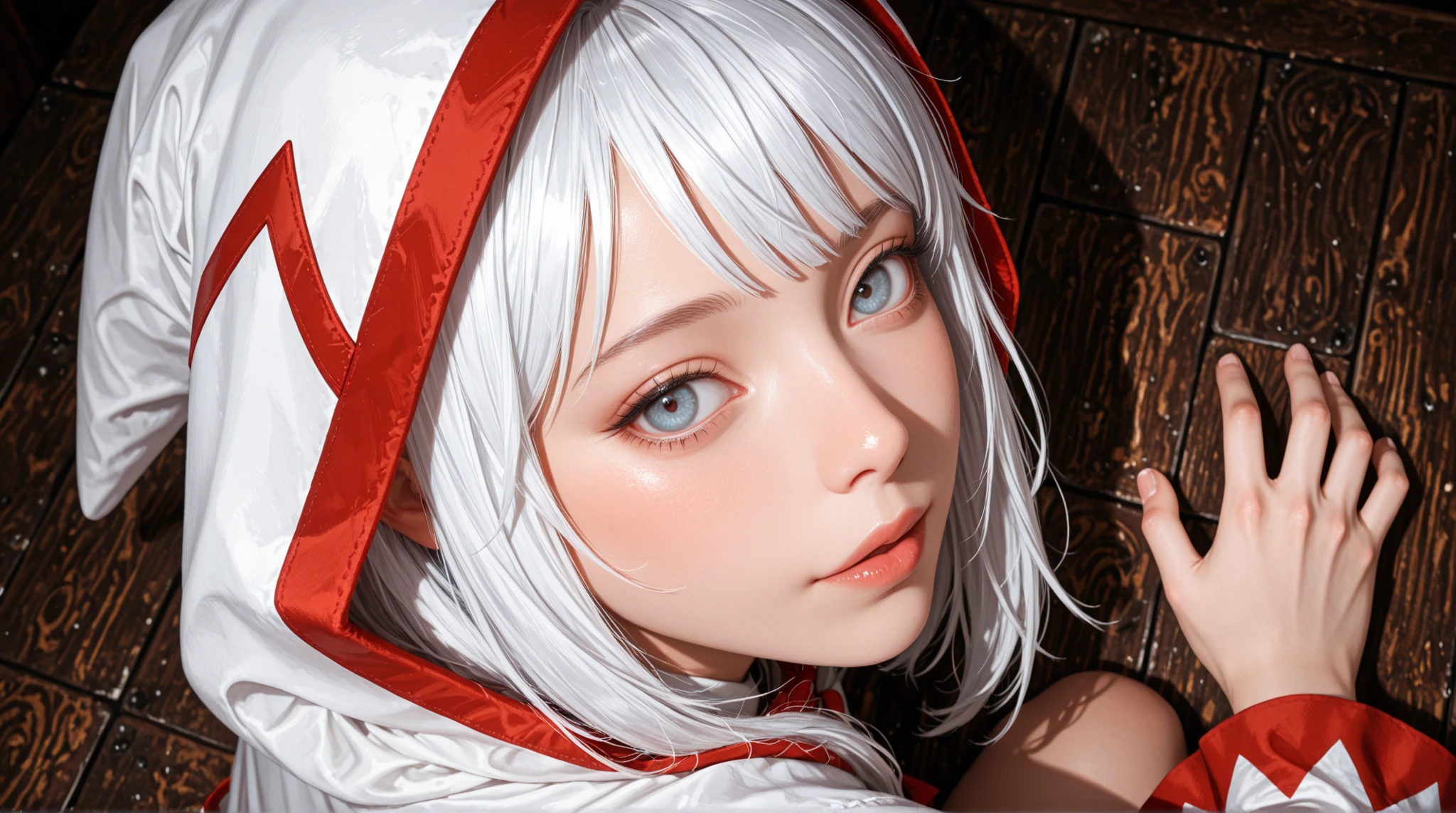 young girl looking like red riding. (latex hood). red riding hood costume hood. makeup. big lips, forest background. revealing 