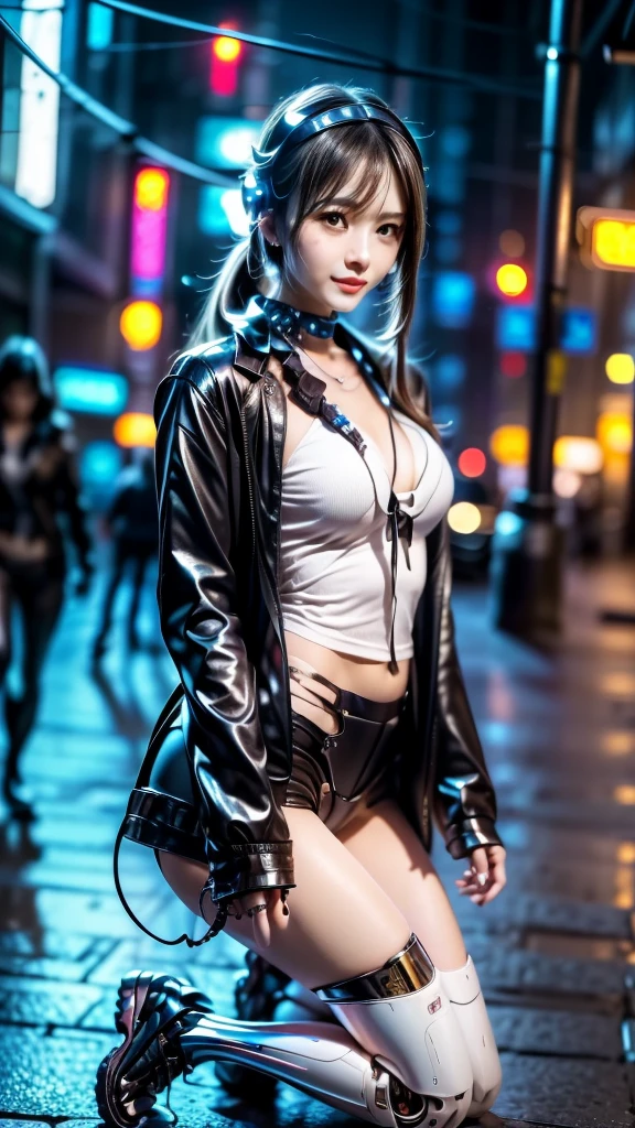(realistic、Like a photograph、live action、8k, Photoreal, RAW photo, best image quality: 1.4), Single-lens reflex camera、RAW photo, highest quality, realistic, Highly detailed CG Unity 8k wallpaper, Depth of written boundary, cinematic light, Lens flare, ray tracing, From above:1.2、realistic background、(black suit:1.4、tight mini skirt:1.35、Clothes that fit the skin:1.3)、((super dense skin))、 1 female,beautiful japanese woman、Space Detective、future police、SF:1.3、cool beauty、((full body shot:1.5)、big breasts:1.2、cleavage:1.1)、avert your eyes、super detail face、random hairstyle:1.2、i like the style、long hair、Snazzy、Super detailed、pay attention to details、long hair、hair arrangement、raised hair、wearing high heels、beautiful detailed earrings、necklace、perfect costume、(white skin)、(I can see the whole body)、beautiful feet、Background of detailed expression、Standing in the near future world、cyber city、future city