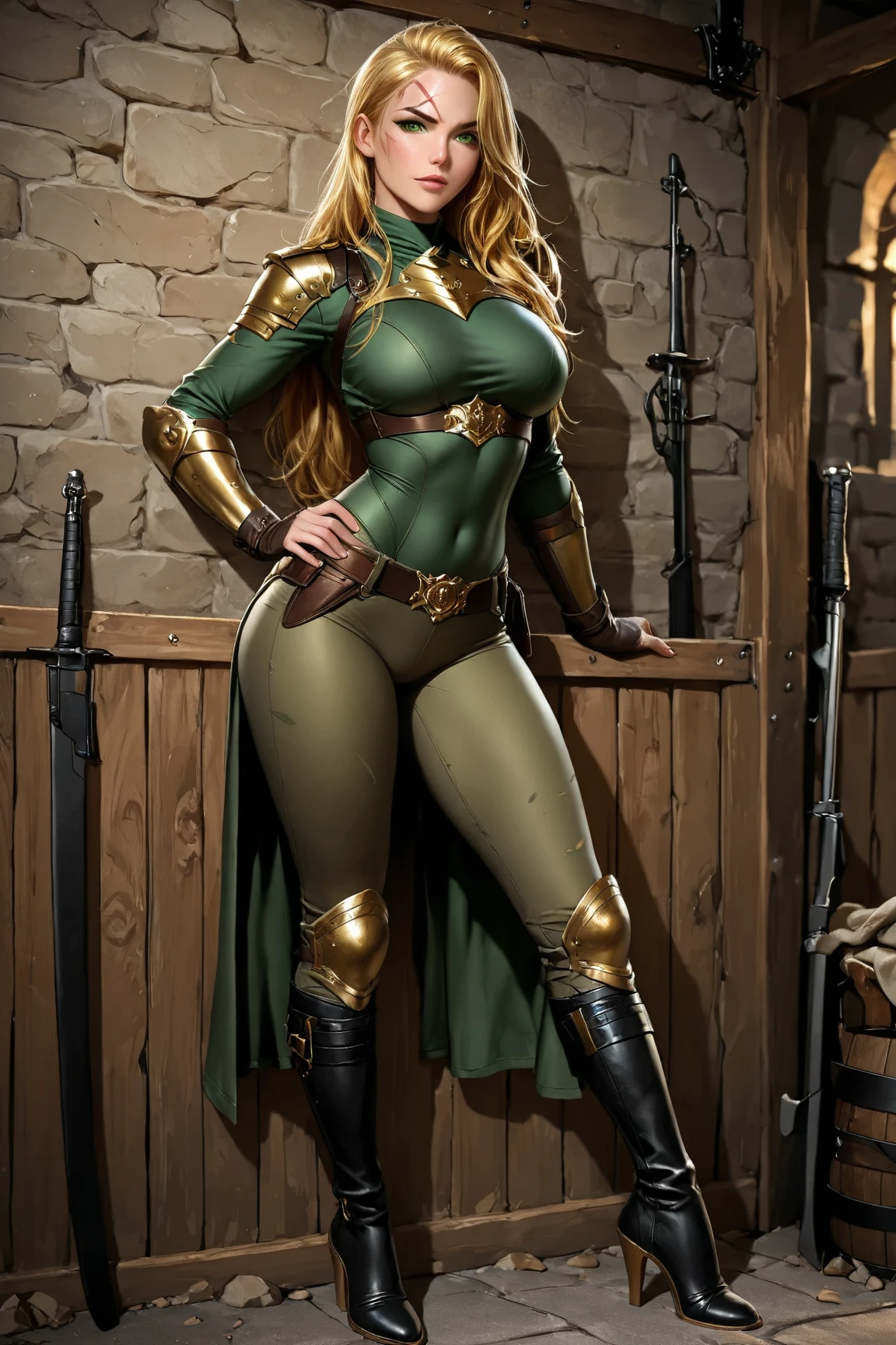 (Pony:1.3), trousers, cowboy shot, 1girls, Blonde Hair, long-haired, green eyes, bara, ahoge,midriff, boots, smile, navel,belt, cleavage, romper,