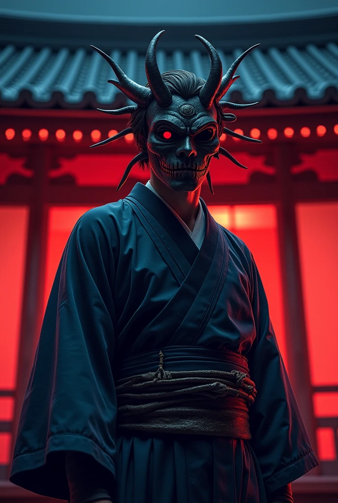 arafed woman in a kimono with a bowl of food, samurai with demon mask, japanese horror, demon samurai, villain wearing a red oni mask, demon samurai warrior, japanese cgi, wide evil grin, demon samurai mask, japanese horror movie footage, shinigami, inspired by Kanō Sanraku, creepy evil smile, handsome japanese demon boy, japanese vfx
