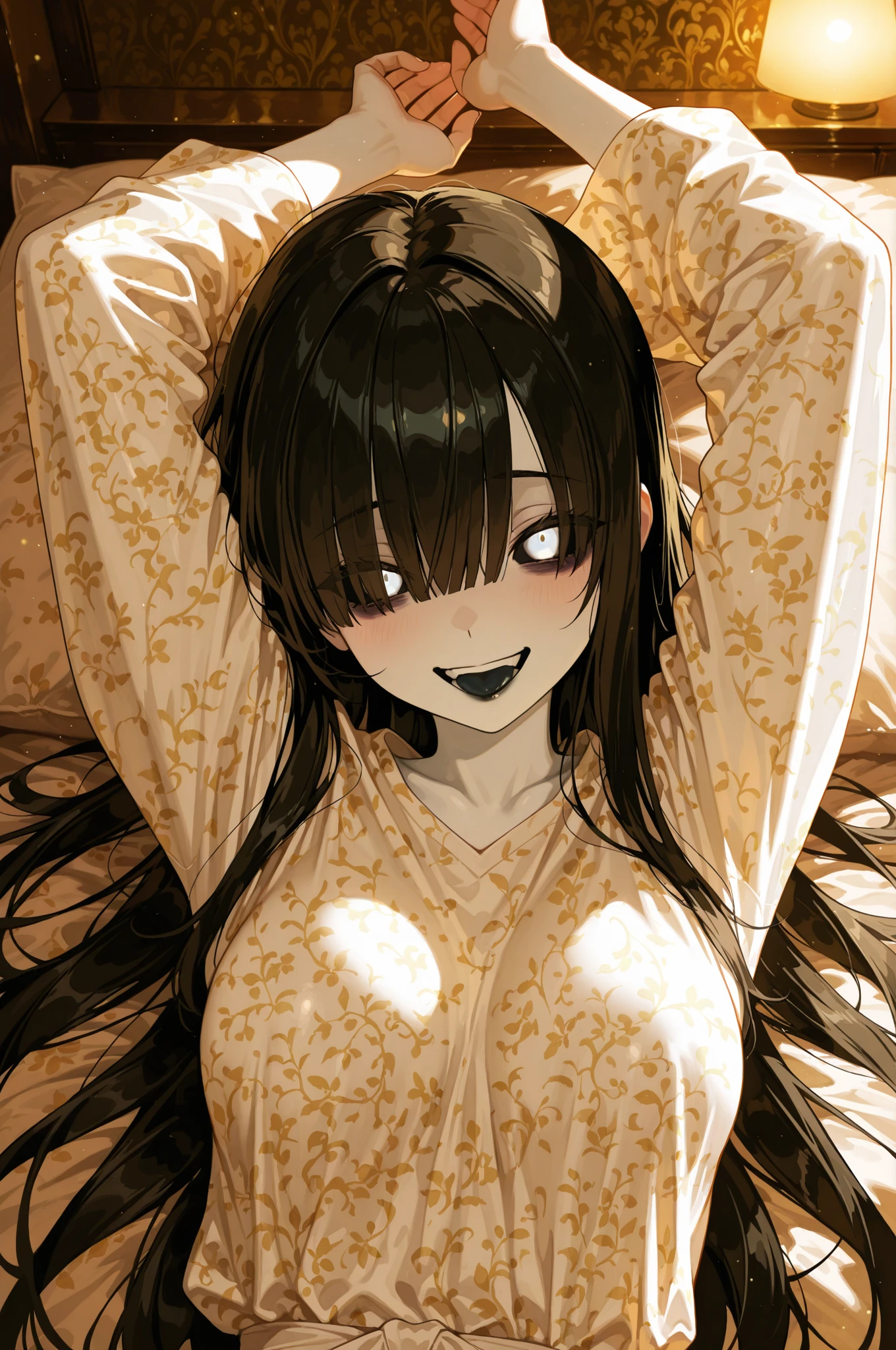 One person、(Karin_(Blue Archive))、(Women with dark skin:1.2)、Yellow Eyes、Halo、Focus from above、Staring at the audience、blush、Sweat、cup one&#39;s chest、triumphantly、Moaning、solo、Tempting、(cute)、Staring at the audience、thin、Toned body、Round ass、Thick eyelashes、Black eyeliner、thinウエスト、Wide Hips、Big Ass)、Big Breasts、Big eyes、blush、Polka dot pattern、Short sleeve、the chest is covered、発Sweat、open、(White hospital gown、青いPolka dot pattern)、Arch your back、Stand up straight、Simple Background