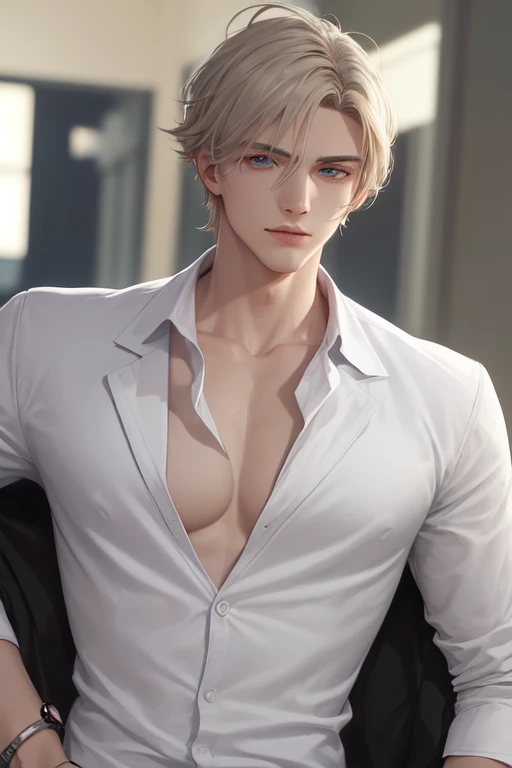 Blonde short hair red eyes, male, black background, High Detail