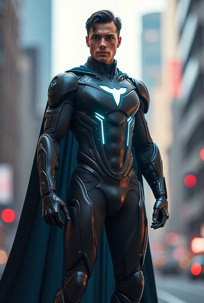 Super hero outfit for guy in black ,no back flying cloth...with silver shine