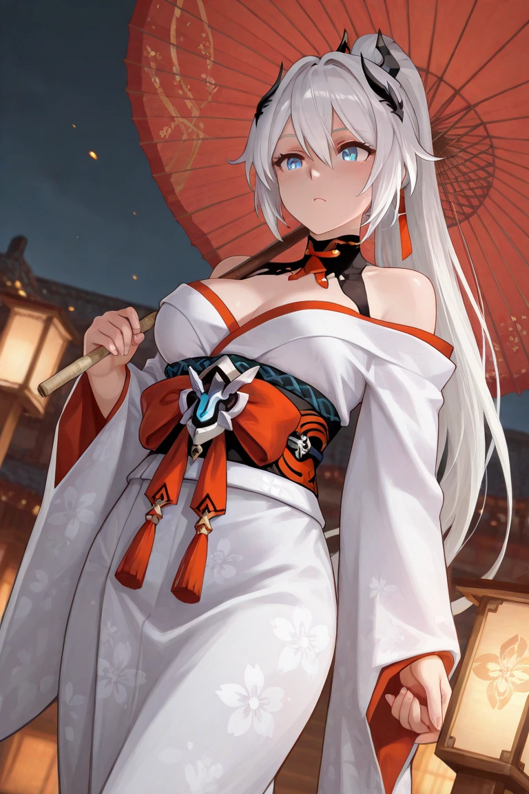 female, oni, fleshy horns, skin horns, luxurious kimono, white hair, long hair, large breasts, cleavage, red eyes, kanabo, forest, japanese shrine, straight hair, pointed ears, smile, huge female, very tall female, tiny waist, broad shoulders