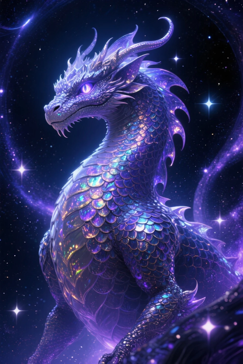 A majestic, futuristic cosmic dragon character with luminous, glowing white eyes and iridescent, neon white scales, soaring against a backdrop of swirling galaxies. The dragon is enveloped in a high-tech, neon white frame, emphasizing its regal and formidable demeanor. Its mouth is slightly open, hinting at its powerful breath, and its sinuous body is adorned with neon accents that shimmer in the cosmic light. The image exudes grandeur and mystique, capturing the essence of a high-tech, intergalactic predator. At the bottom, the text reads 'ALLO' in bold purple letters with a tagline promoting instant global settlement for investing and trading assets.
