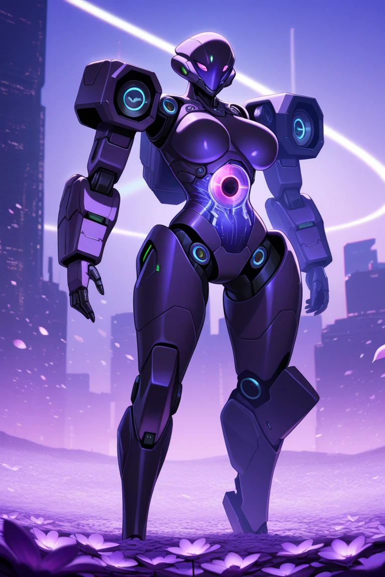 TimBurton Animation A futuristic businesswoman in formal cyber armor who is tough and impenetrable, holding a huge abstract alien gun with some neon lights and a stylish visor that covers her eyes because she is blind, and the display has neon square OLED screens and she has a menacing smile, and some faulty pixels are raining on your suit/armor as she points her gun at the roof of a future city
