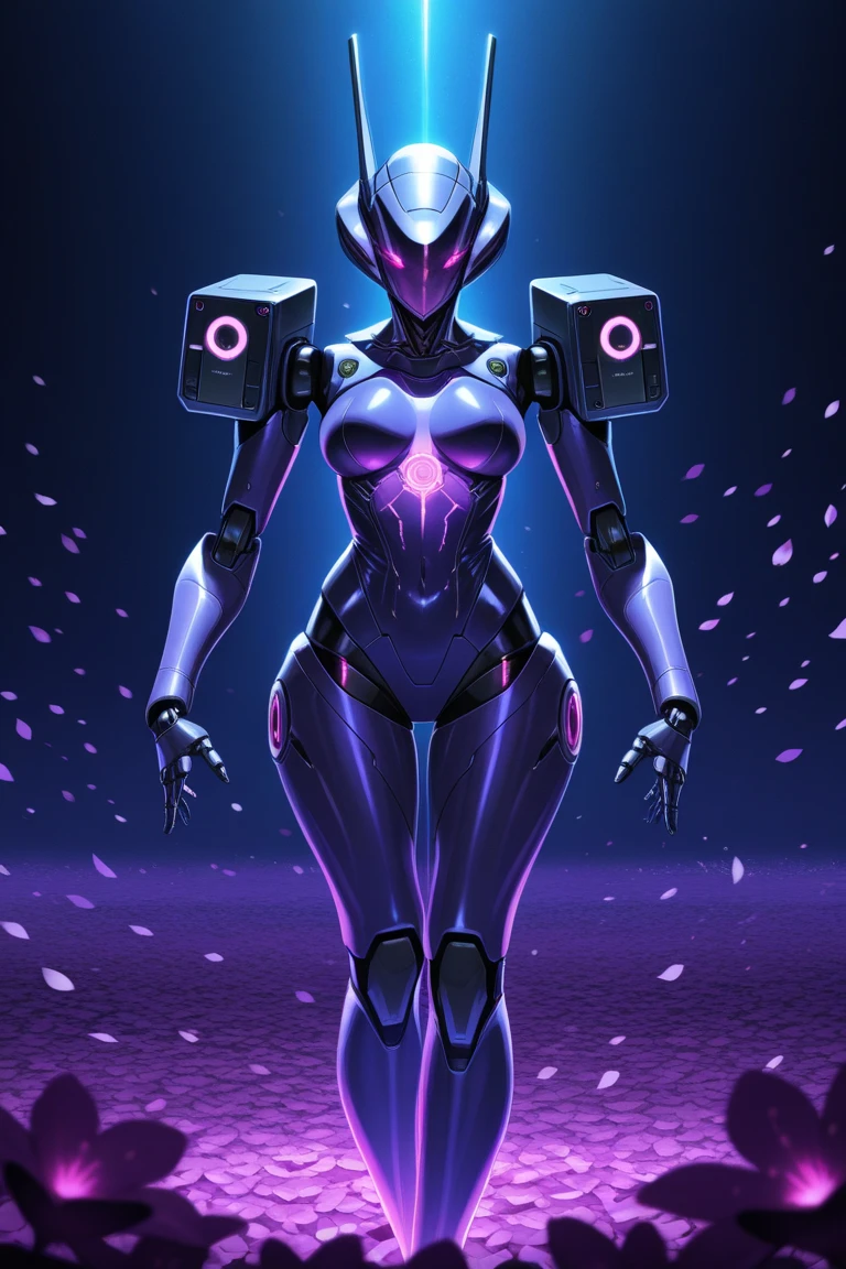 Busty matte black robot girl with neon details