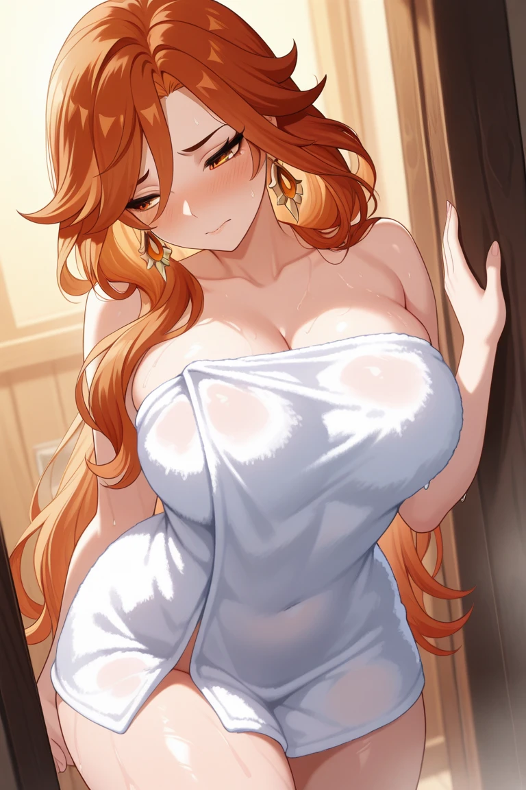 Highest quality,masterpiece, best resolution, nsfw, 1 girl, (portrait), close up, topless, (huge breasts:1.5), nipple,indoor, smile, standing, face viewer, horse ears, horse tail, Mayano Topgun