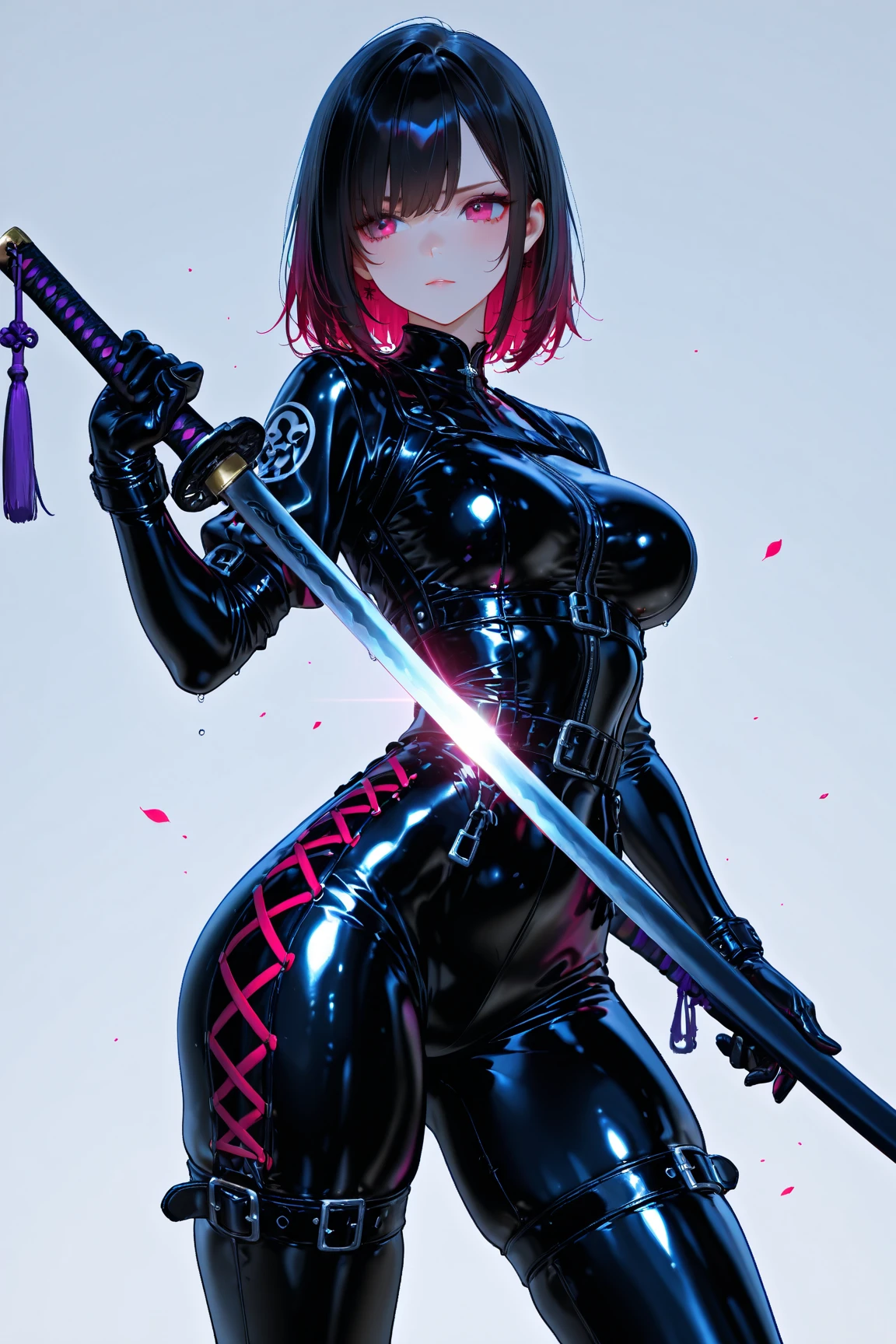 solo girl,Glossy metalic light silver tank top, tight latex shiny, Red interpolation color,Black hair bob,red eyes, camel toe, Samurai Sword,
Lift one leg,
