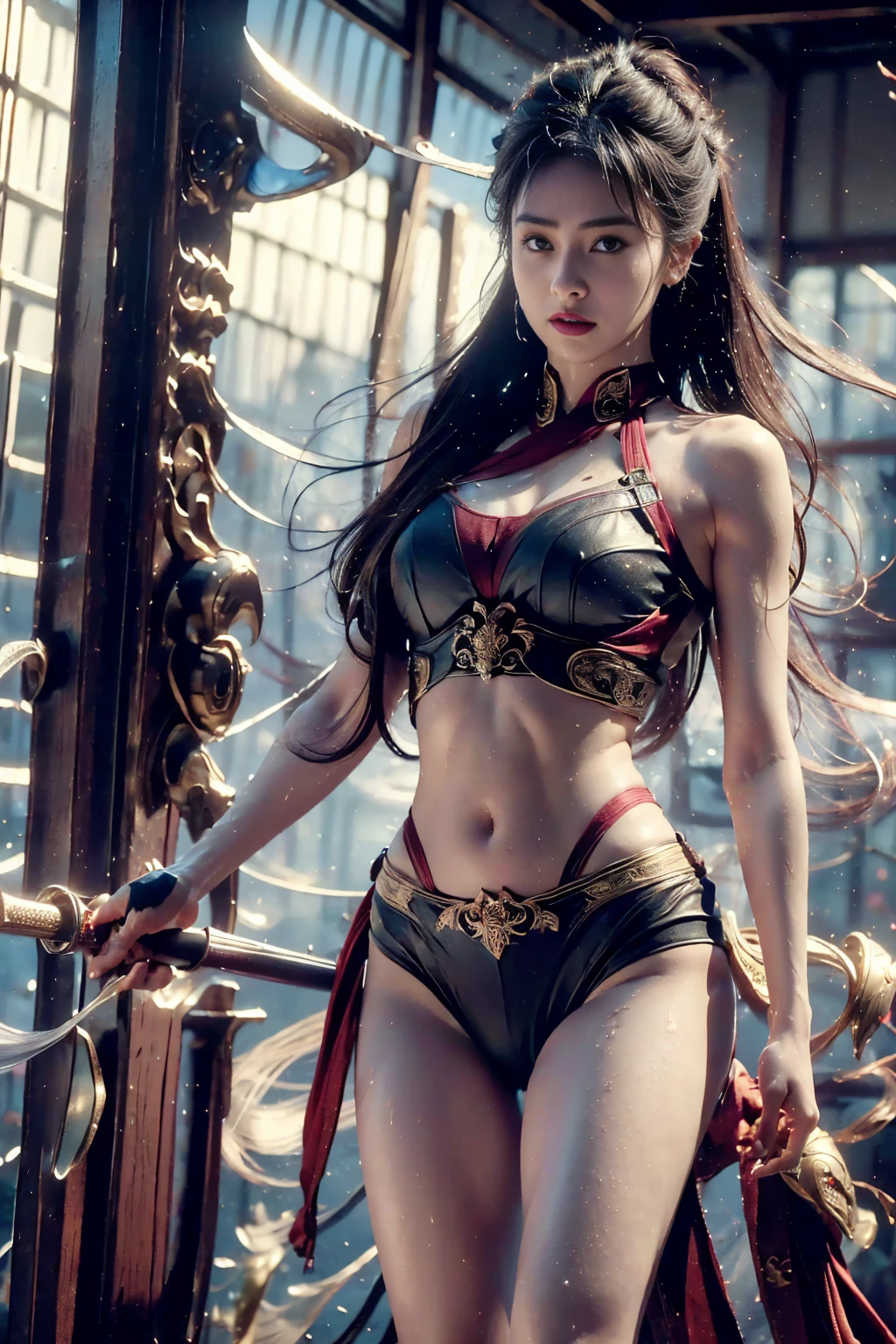 Photo,sharpness,Unique 850 4, Koda850 k portrait camera, F1.6 lens,hyper-realistic textures,spectacular light textures, Cinestil 800 Fashion Mechanics,(((Beautiful woman with left leg restrained and hung by chains))),(Tears flow, cry with pain),The lower breast area and the crotch area are torn,Hands are restrained behind the head by chains and shackles from the ceiling,Appearance,Beautiful girl with accentuated slender abs: 1.4,six-pack abs: 1.4, Bust Botox,Standing on tiptoe, long legs,Long brown hair fluttering in the wind,Brown hair, Long hair, Female Warrior Costume,((Wearing a torn sheer costume of a superheroine)),(No panties,No bra),(futuristic sci-fi battle fashion,elbow and knee cyberpad, cyberglove: 1.1),((Torn costume)),The belly comes out and the navel is visible,Thin sheer costume,The chest area is torn,metallic shoulder armor and combat gloves,shredded costumes,cyber long combat boots with golden knee pads,Anatomical,(futuristic sci-fi battle fashion, cracked elbow and knee cyberpads, torn cyberlong boots, torn cybergloves: 1.1),((straddling the iron bar)),(tied perfectly by iron chain), Restraint, Slave, collars, contempt, (Chained), ((Hands tied behind the back)), 4 chains hung from heaven, Metallic shackles and fetters, wet crotch clearly visible,((Hands are restrained above the head)), the neck is chained,Chain from left knee to heaven,Chained by rusty iron chains,((Chains over clothes)),((the tip is protruding, areolas protruding,The shape of the pubic area is clearly visible)),Sweating,Wet,Wet crotch,Wet thighs,bloods,Junkyard, blood splattered, Realistic, (bruises, dirty, Ripped clothes, skimpy clothes, Blood: 1.3), broken shields and battle spears,(((A drill for drilling holes with four pointed fingers is directed towards the bodydrill splits the ground and extends upward towards the crotch))) ,Vast prison,((wide prison with sunlight)), peeling ceilings, broken slabs, Rebar between cracks, Realistic material details, Extreme details,