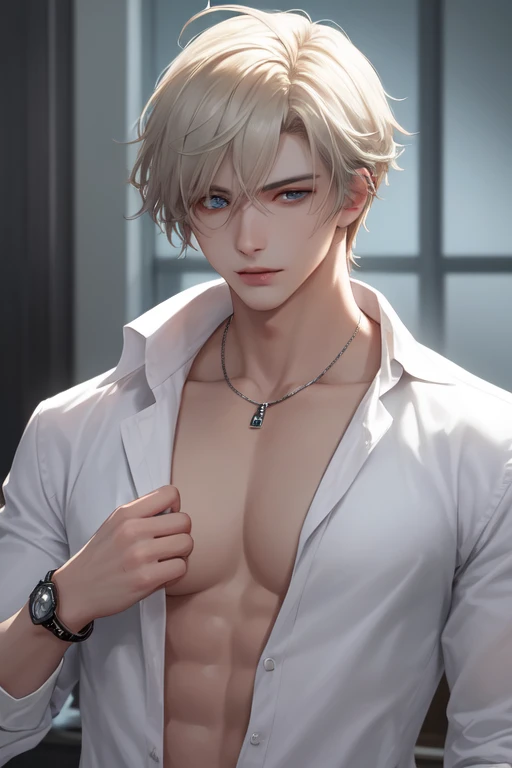 1boy, adult, handsome, perfect face, detailed eyes and face, clean shaved, muscular, capturing a rural atmosphere, dynamic lighting, unreal engine 5, hd picture, satoru gojo, white hair, short hair ,hair between eyes ,blue eyes, white skin, pink nipple, milk nipple details