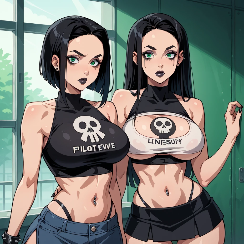 2 heads, a tall thin woman with 2 heads. Massive breasts. In a bedroom. Laying down on back. Wearing tight bikini top and jeans. Wearing a beanie hat. Neon hair. Young. Happy, smiling. Thin face. Sexy, seductive. Sexy tall slim body. Enormous tits. Big lips. Adorable. Girlfriend. Happy. Extremely giant breasts.