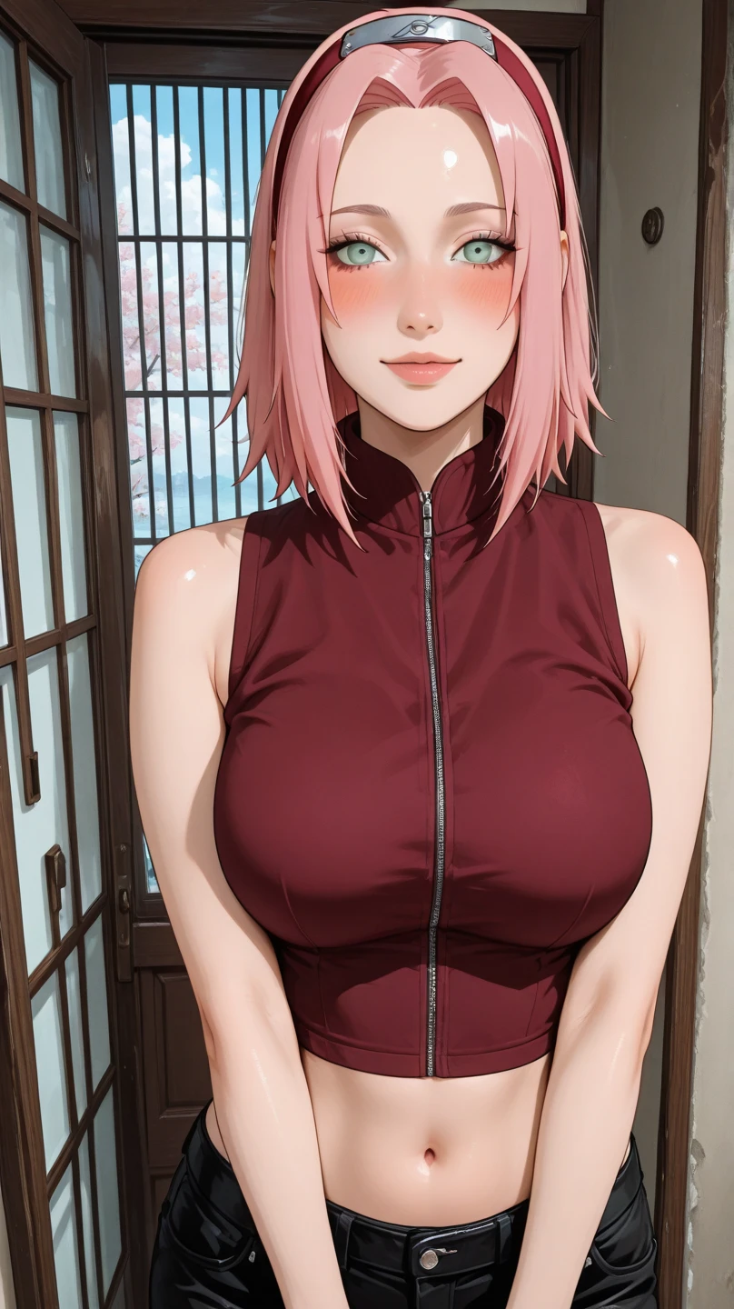 (((short hair,pink hair,akatsuki outfit,Xiao clothing, ninja, black cloak, black coat, Boss, (((danya,Sakura,green eyes,bangs,forehead protector, shinobi symbol, ))),(((wide hips))),S-shaped body:1.7))),((masterpiece)),high resolution, ((Best quality at best)),masterpiece,quality,Best quality,((( Exquisite facial features,looking at the audience,There is light in the eyes,lol,confidence ))),(((Light and shadow interlace,huge ,cleavage))),(((looking into camera)))