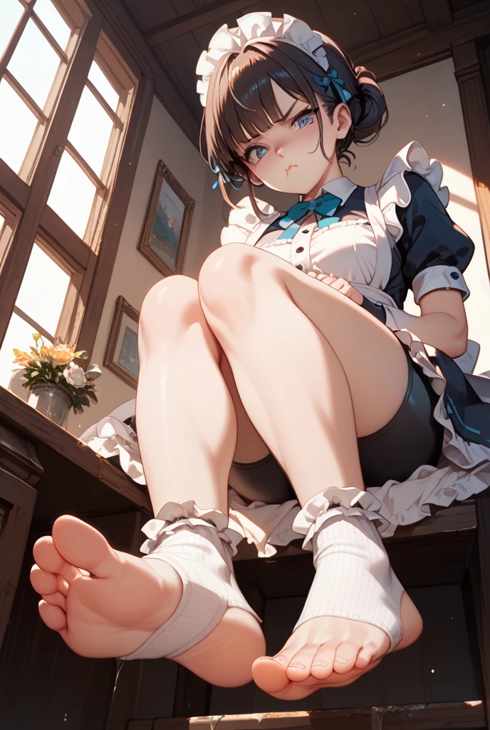 (A girl sits on top of the fridge)small loli girl,standing on a shelf,small curvaceous loli,Barefoot,Long narrow eyes,smiling expression,Beautifully designed traditional Chinese costumes,Soft and shiny fabric, Vibrant colors,elaborate detail,White and tender feet,Five toes,Details of the soles of the feet,Petite feet,Photorealistic style,Vivid colors,Detailed rendering,high resolution,4K quality,Sharp focus.