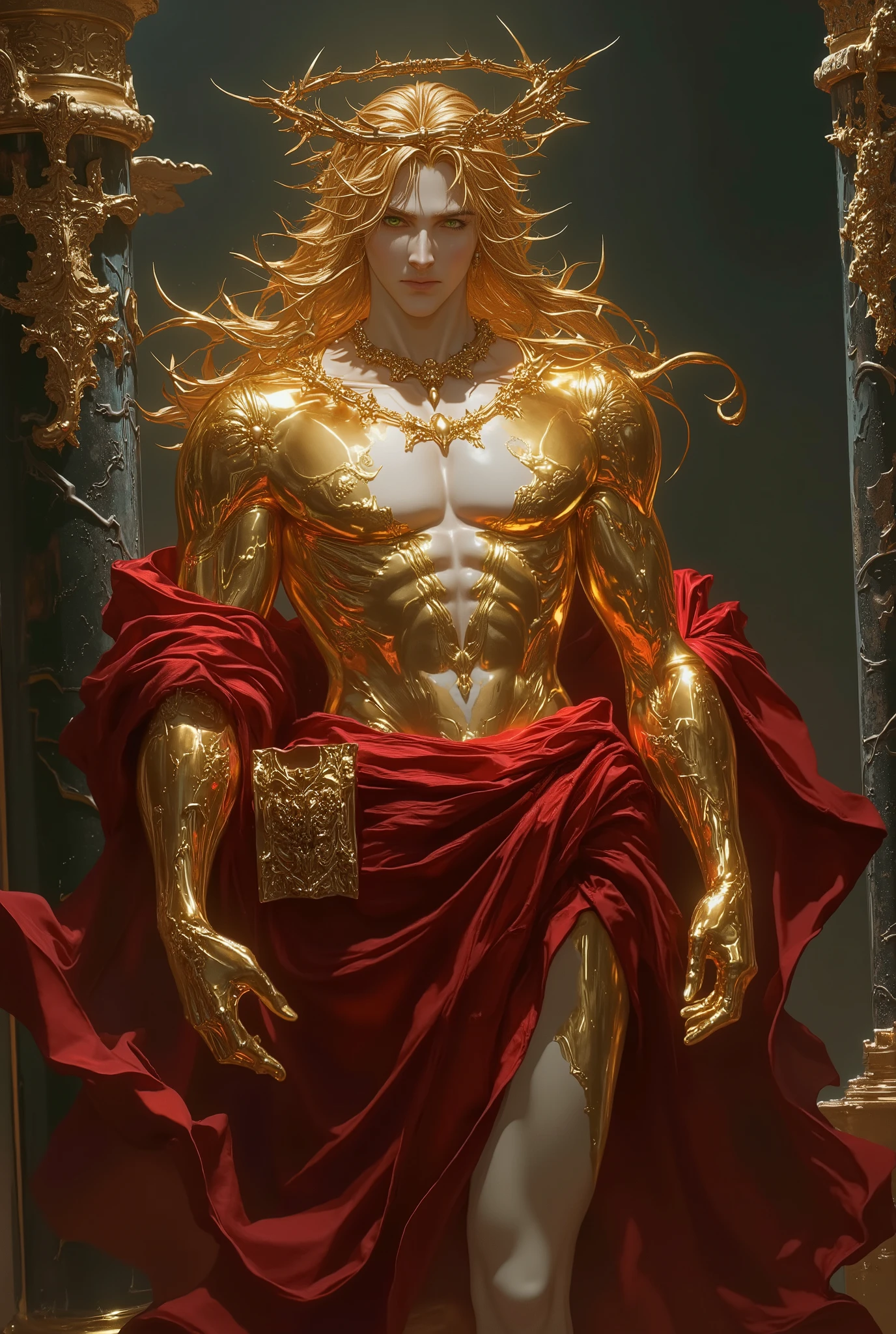 "representative of masculine beauty, Marble half-human figures carved like naked gods., Radiant power and strength, Bathed in a mesmerizing gold and silver light., Full body image viewed from below."