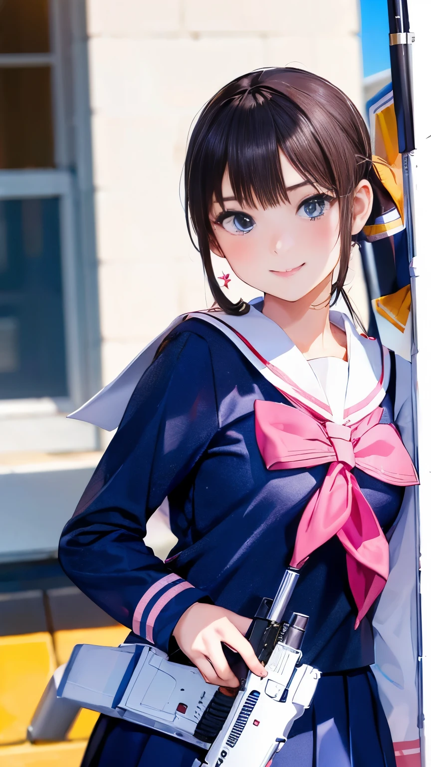 (Armed High School Girls:1.5), (A high school girl in a sailor uniform holding a gun:1.5)