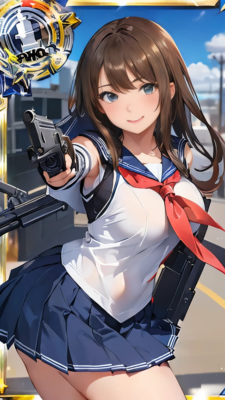 best quality, masterpiece, highres, solo, {furutaka_kantaicollection:1.15}, brown_hair, short_hair, yellow_eyes, glowing_eye, glowing, heterochromia, hair_ornament, hairclip, smile, breasts