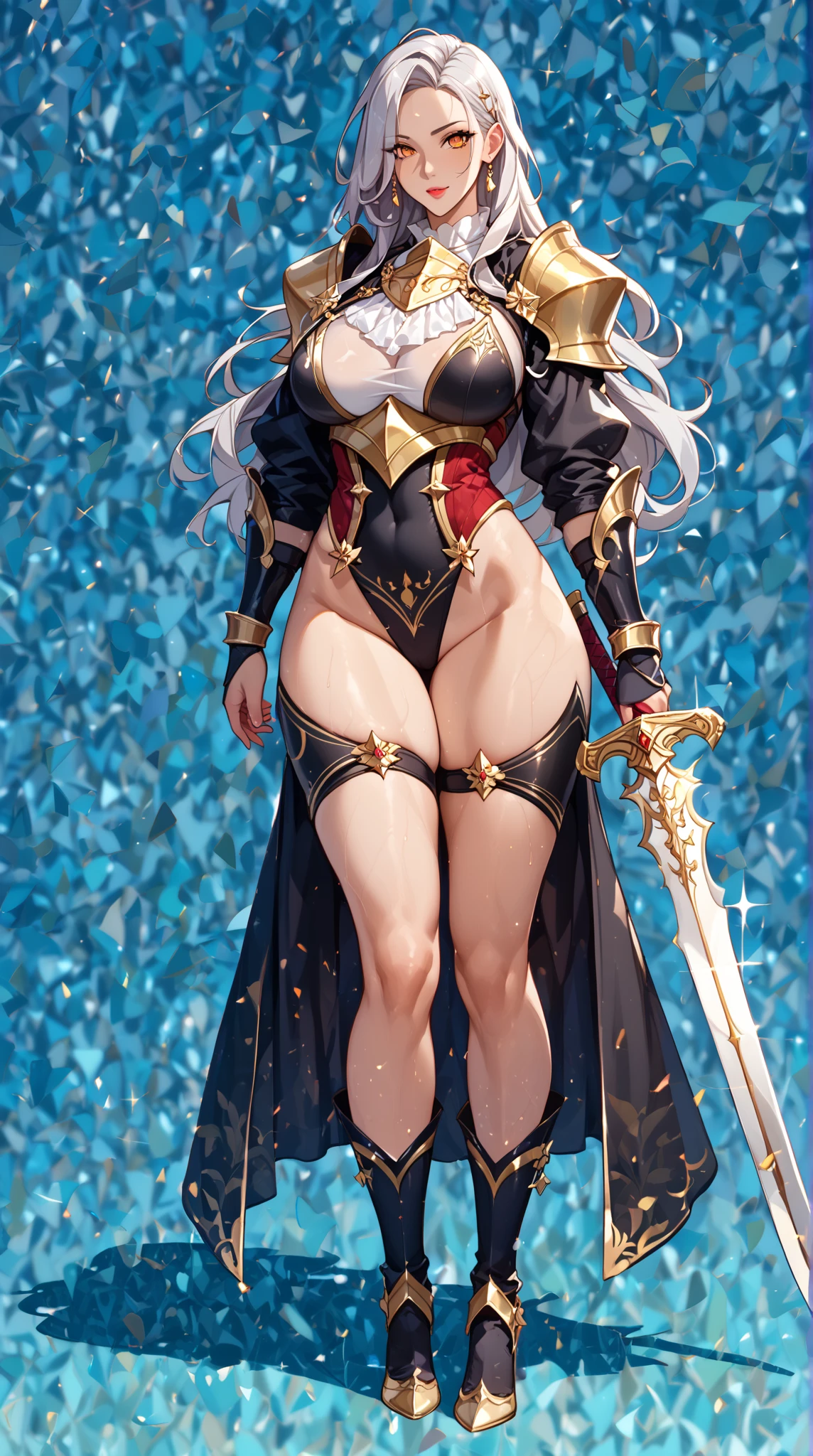 {red} {very long} hairstyle, {{very long}} elf ears, {breast and hips size} ((big breast, big hips)), glowing {red} eyes, {wearing} {{big}}((metal {witch hat})), {wearing} {painted in red and black} heavy metal armor body suit, cleavage chest armor, {wearing big length} metal armor legs, {add wearing} {red} pelvic curtain, {add wearing} {big} (shoulder armor), {add with} flaming sword, {wearing} ((metal high heels)), highly detailed, masterpiece, excellent art, perfect creation, perfect art, ultra detailed, perfect pose, 8k, hd,