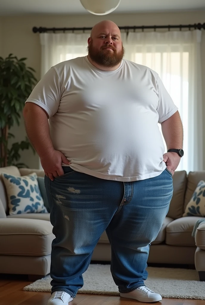 create a fat man, with a chubby face, sparse beard, thin pink lips, brown eyes, sparse eyebrows, straight, very short black hair... broad shoulders, big belly, thin legs... his legs are a little disproportionate to his body. rest of his body.. his hands and feet are big, he is fat on top and thinner below... he is dressed in a dark blue sweater, light gray tailored trousers and socks.. he is a tall person.. make him dressed , NO NUDITY!