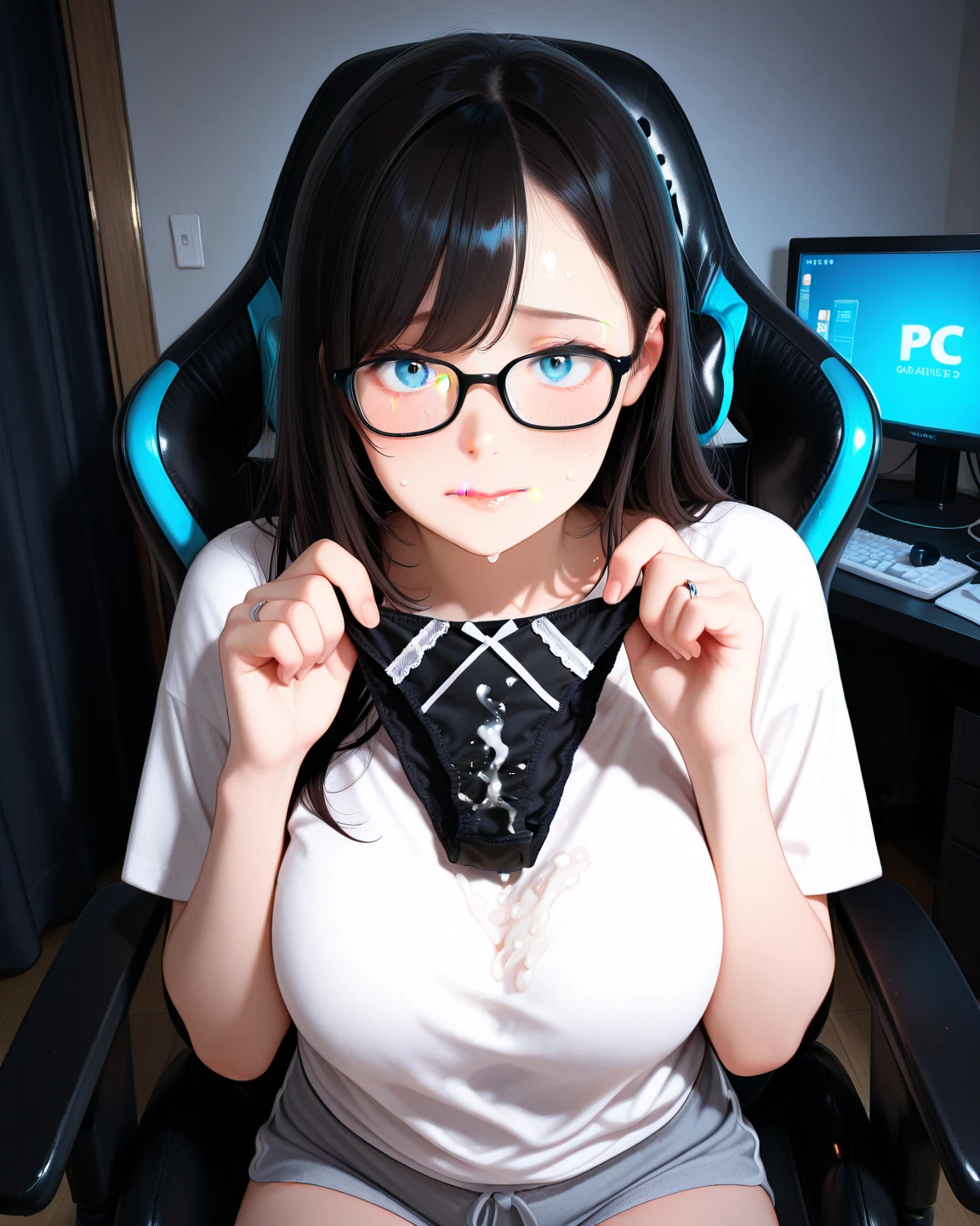 ,(((Liz Hellesta))),gameroomconcept,PC Desk,Sitting in a gaming chair,Preste,Game Controller,keyboard,((Looking at the smartphone in his hand)),vtuber,Game Now Streaming,White Delivery Room,Liz Hellesta髪1,((Dressed seriously)),(((Do not expose breasts))),lady bed,masterpiece, Highest quality, Beautiful and sexy, ((From below)), (1 female), 1 male,Liz Hell,(Straight gray straight hair,((Bangs)),((A Japanese girl with a beautiful face)),Thin face,A detailed depiction of a beautiful female face,Excellent costume design, charm, (real chest), (8k Full Body RAW Photo), (Highly detailed skin: 1.2), ((Oily skin)), Captivating look, Highly detailed face, ((Grey Hair)),fine grain, ((Sweaty body)), Inside the room,1 Girl,Open your mouth,(((Open your eyes))),(((View here))),(((Open your eyes))),(((Open your eyes))),(((Wide pelvis))),(((Very muscular and thick thighs Veins,))),Thigh gap,(((Narrow waist))),(Realistic:1.0),Front view,1girl,lh1, ,White lace panties、(((Hairy pussy))),(((Black pubic hair))),Open Pussy,Open labia,((Big exposed clitoris)),Viscous love juice is dripping,Hair Ornament Net、Long Hair、Long sleeve、Pleated skirt、(Blue silk thigh-high socks)、((Armband))、Navy blue pleated mini skirt、((White jacket, cotton material))、(tight white shirt)、Navy Blue Skirt、(Metallic black thigh straps),(((Front view))),Focused on PC gaming,(((Close ~ eyes))),((Crying face)),(tears),Are crying,((Expressions of pain)),Frowning,,Saliva1,((Open your mouth)),Showing teeth,Constricted eyes1,