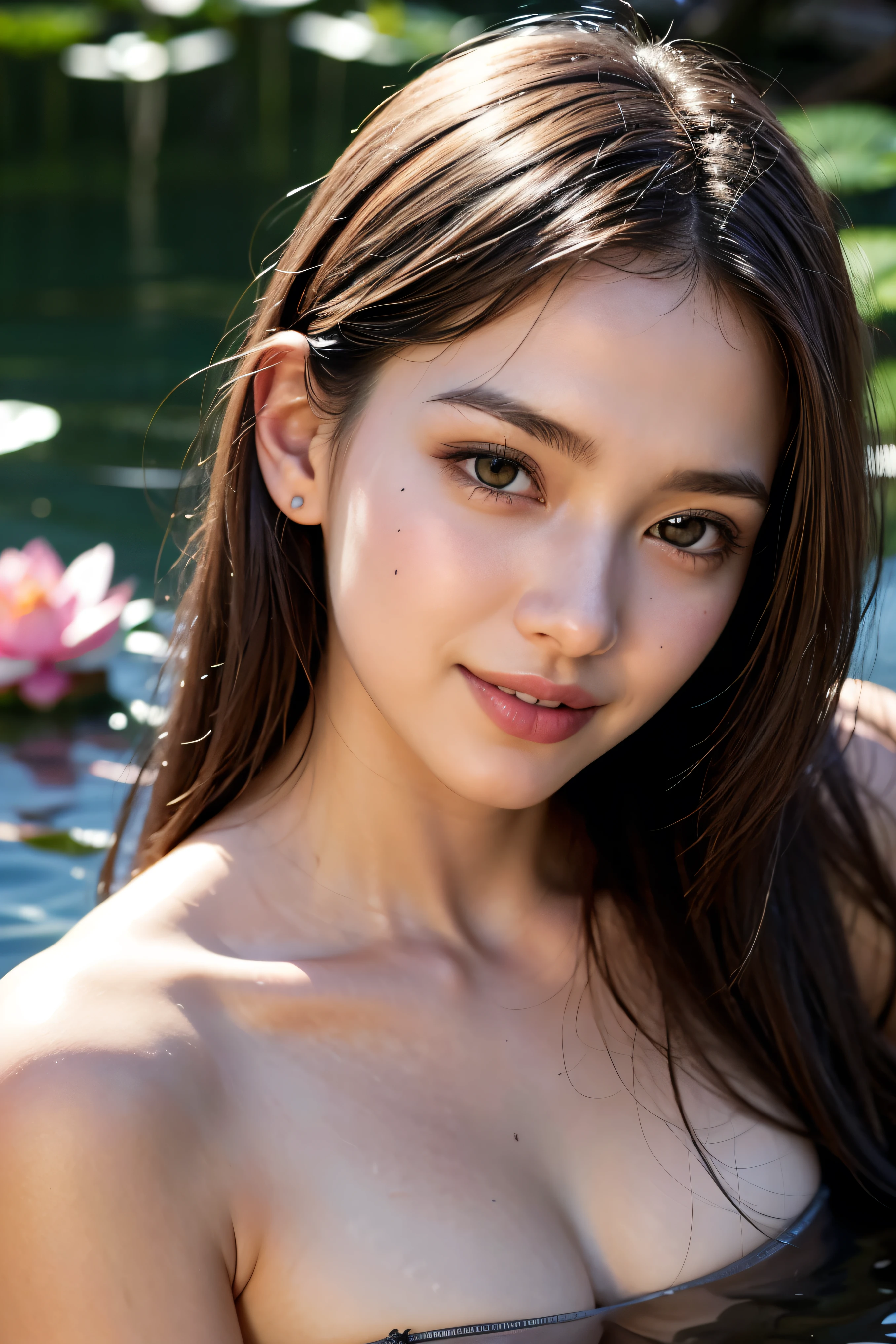 Best Quality, Masterpiece, Ultra High Resolution 16K, (Realisticity: 1.4), Original Photo, 18 years old, full size body,ultra detailed beautiful eyes and face and skin, dark brown hair, perfect shiny skin, perfect skin, fair skin, Beautiful detailed eyes , open mouse, Sexy face,Face feeling ecstasy,Face at the peak of sexual arousal, medium breasts, cinematic lighting, smile at the camera, wearing no clothes, vaginal hair, The woman's beauty can be enhanced by the reflection of the lotus flowers in the water. The vibrant colors of the lotus flowers can also add to the beauty of the scene, creating a harmonious blend of colors , Cinematic Lighting