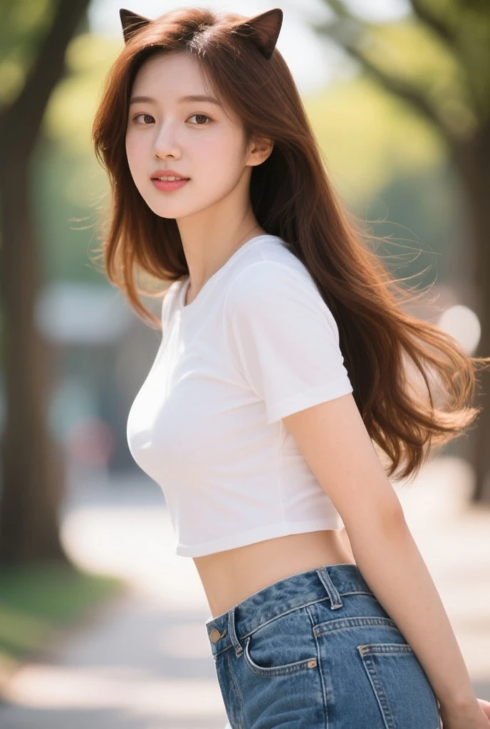 highest quality, Ultra-high resolution, (Realistic:1.4), White T-shirt、Denim hot pants、Jump、Medium breast、valley、A beautiful woman with a clear complexion、cute、smile、Beautiful sandy beach in the background