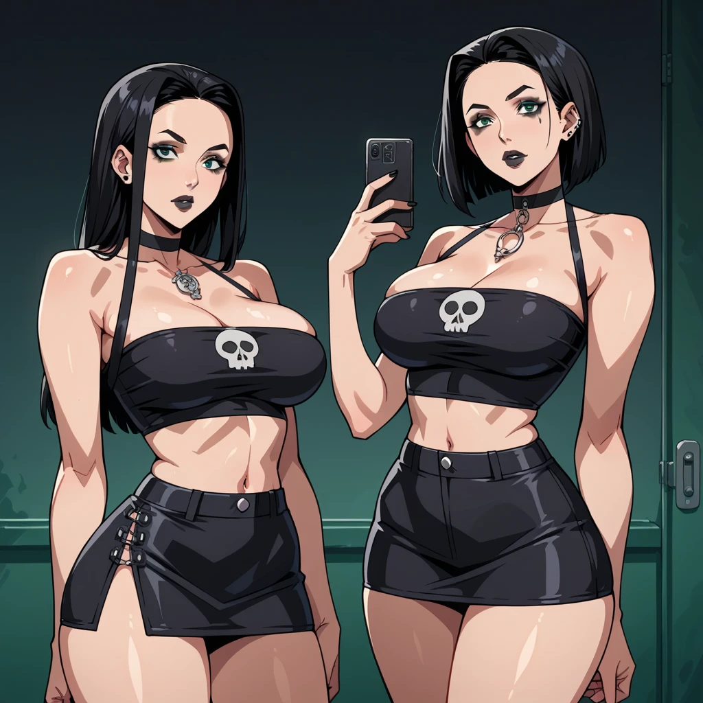 ((best quality)), ((masterpiece)), (detailed) 4k, beautiful, POV, SS_Odette, (blackhair), skirt, tube_top (skull on shirt), choker, (black lips), <lora:SummerTimeSaga-SugarTatsSisters_Shurik:1> sitting on chair, cleavage, (big breasts:1.3)(huge breasts:1.2) <lora:bimbostyleFourUSD:0.3>