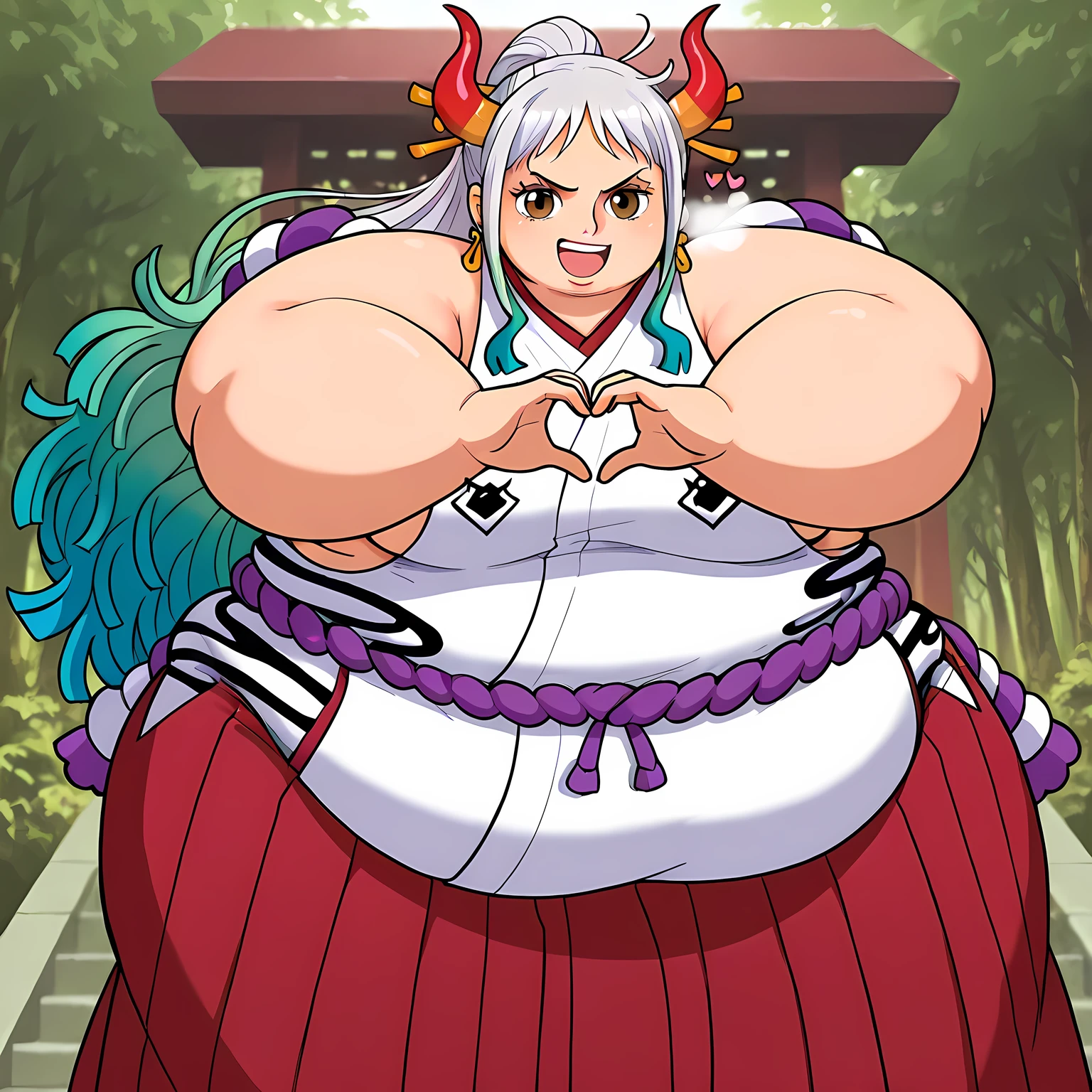yamato,one piece
High quality ,  best quality , masterpiece,  High Resolution , detailed face( LoRA: yamato),anatomically correct, detailed hair Style( LoRA: yamato),anime Coloring
solo, 1 girl,
ahoge, aqua hair, brown eyes, curled horns, earrings, green hair, grey hair, hair ornament, hair stick, high ponytail, horns, long hair, multicolored hair, multicolored horns, oni, red horns, shimenawa, sidelocks, v-shaped eyebrows, very long hair , heart hands,
 bare arms, bare shoulders, hakama, japanese clothes, rope, shimenawa, sideboob, sleeveless, sleeveless kimono,
looking at viewer , close-up,, Angle from directly above, crotch focus fat, chubby, obese, gigantic arms and legs, large breasts open mouth, out of breath
, Forest, shrine
,open mouth, smile
