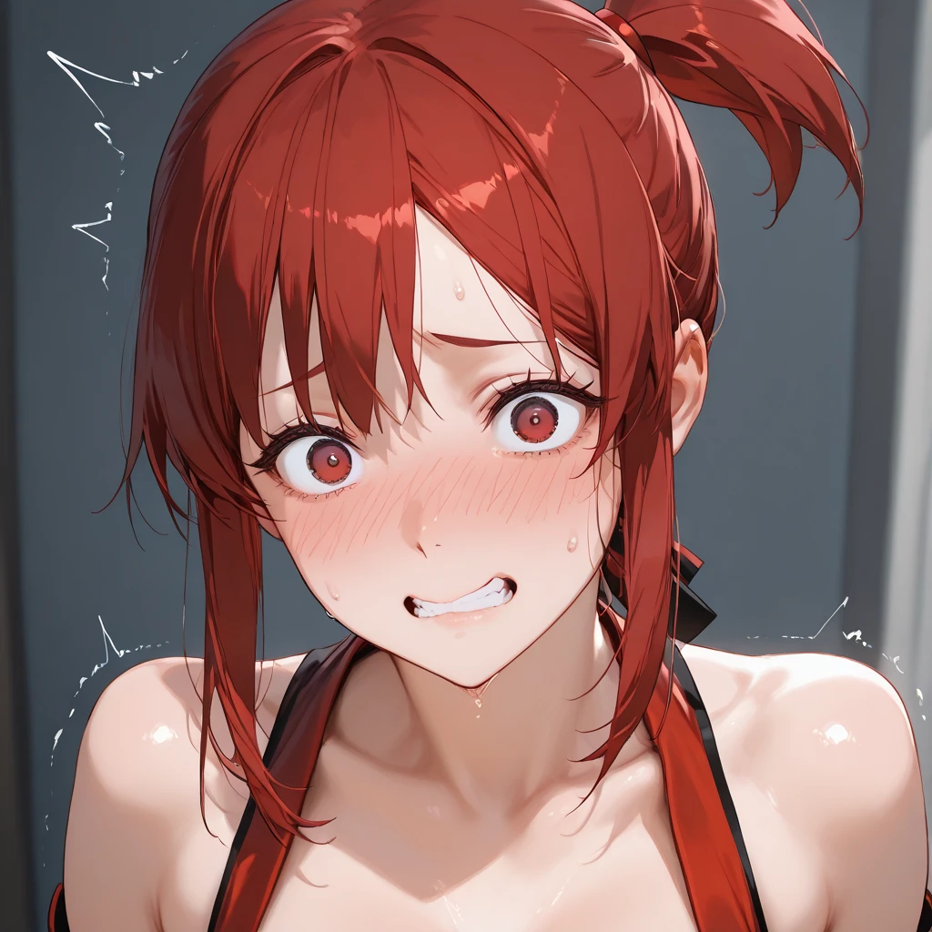 shiny skin, shiny hair, in the center, (up close:1.5), arms up, (arms above head:1.5), arms behind head, hairy armpits, (armpits into viewer's face:1.5), (looking at viewer:1.5), (eye contact with viewer:1.5), smile, closed mouth.