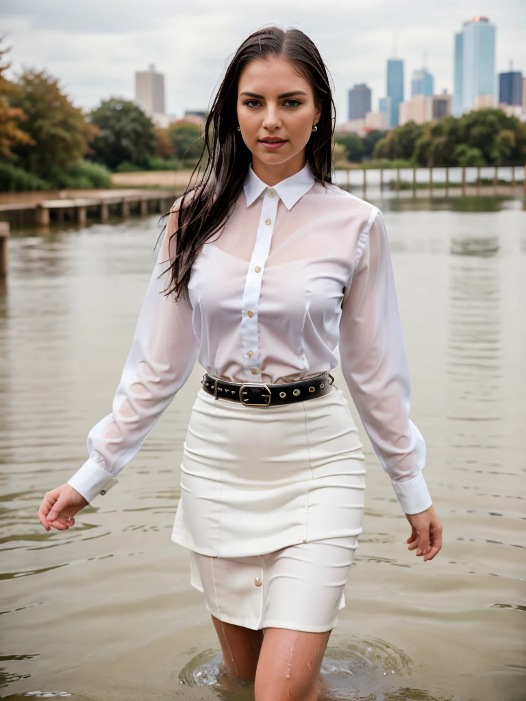 RAW photo of a drenched looking 1girl, solo, raining, wearing a wet white collared shirt, fine fabric emphasis, perfectly defined button detailing, (black, high-waisted skirt with a belt), diamond stud earrings, long sleek blonde wet hair, brown eyes, water drop, warm and sensual smile, slender figure, standing in rain by a city skyline, in autumn, cowboy shot, full body shot, photographed on a Fujifilm XT3, 80mm F/1.7 prime lens, cinematic film still, cinestill 500T, highly detailed, masterpiece, highest quality, intricately detailed, HDR, 8k, uhd, photorealistic