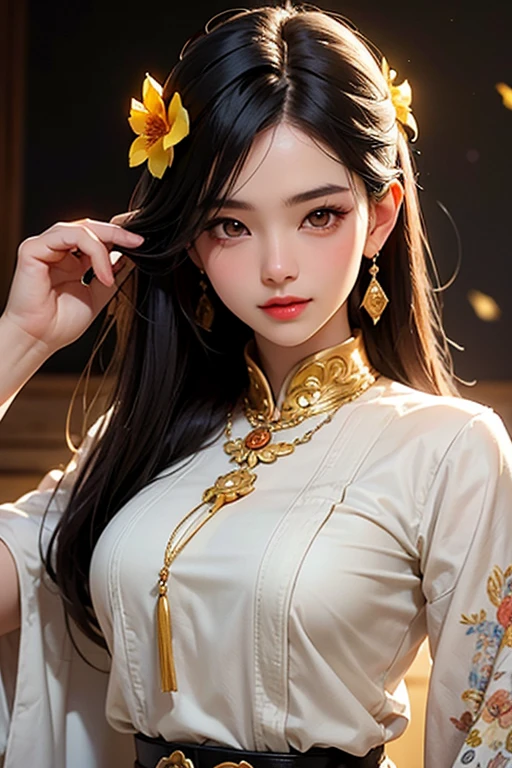 Highest Quality, Natural Lighting, High Resolution, Original, Ethereal Beauty, Seductive Gaze, Charming Poses, Otherworldly Charm, Very Detailed Wallpapers, Very Detailed Illustrations, (1 Girl), Charming Beautiful Gorgeous Woman, Perfect female body, beautiful eyes, (delicate face), (seductive expression), yellow eyes, influence, (beautiful details water: 1.4), (Hanfu, Tang style), red lips, (glass jar Girls in: 1.1),
